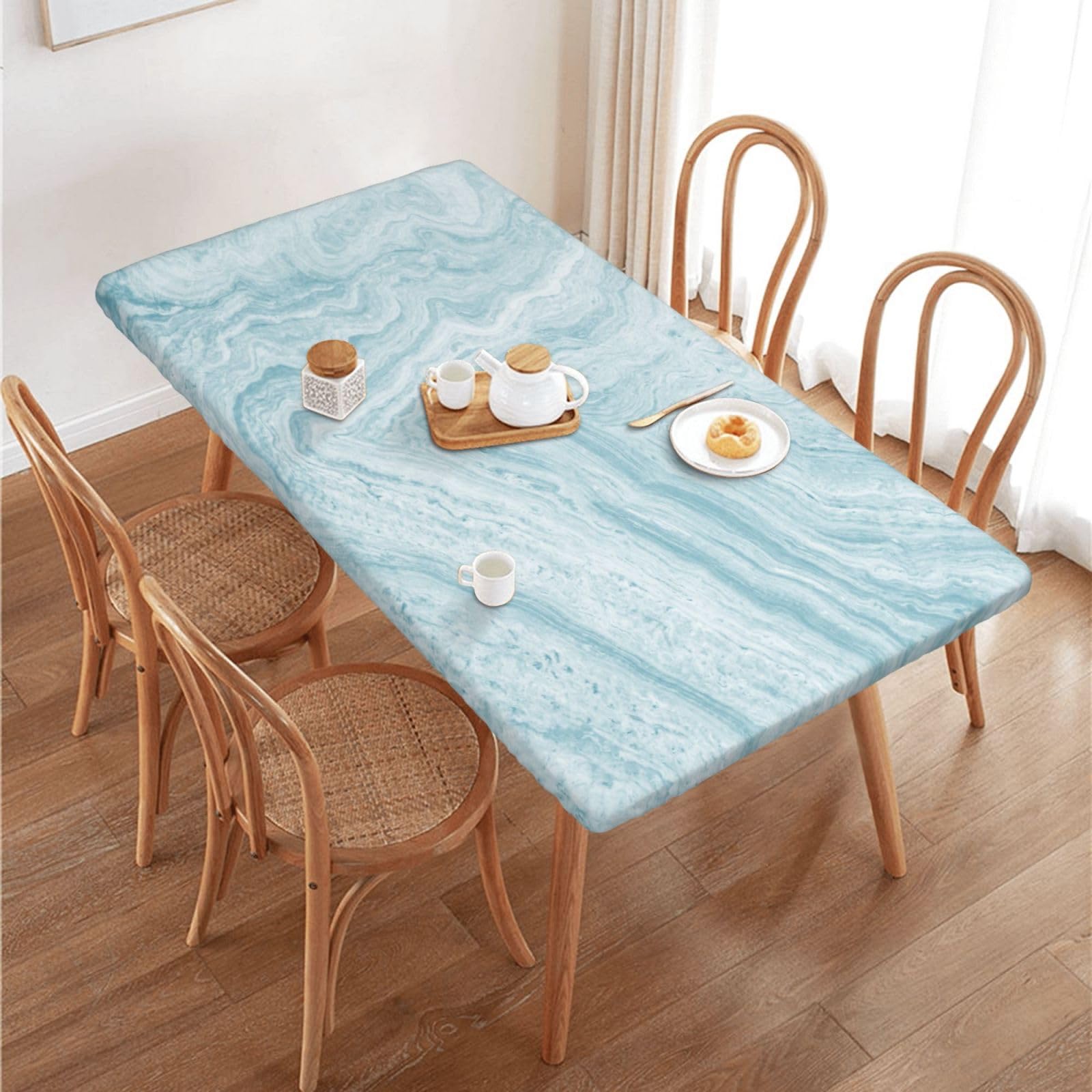 Fiokroo Art Marble Texture Tablecloth with Elastic Edge for 4ft Rectangle Table, Table Cloth Washable Table Cover for Kitchen Dining Party Outdoor