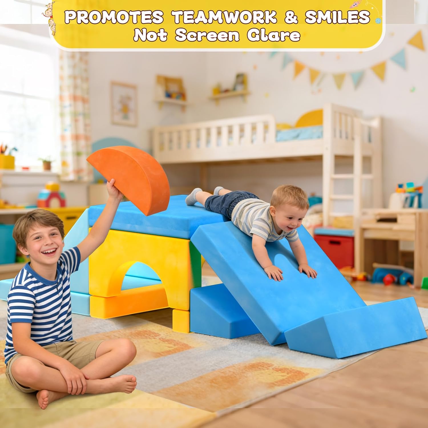 15pcs Unique Modular Kids Play Couch - Convertible Foldable Toddler Sofa Bed with Removable Crystal Velvet Cover, Safe Couches Kids Furniture for Playroom & Bedroom, for Boys and Girls