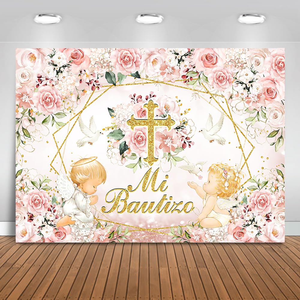 Mocsicka Mi Bautizo Baptism Backdrop God Bless First Holy Communion Background Pink Floral Cute Angel God Bless Baby Shower Party Decorations Photo
