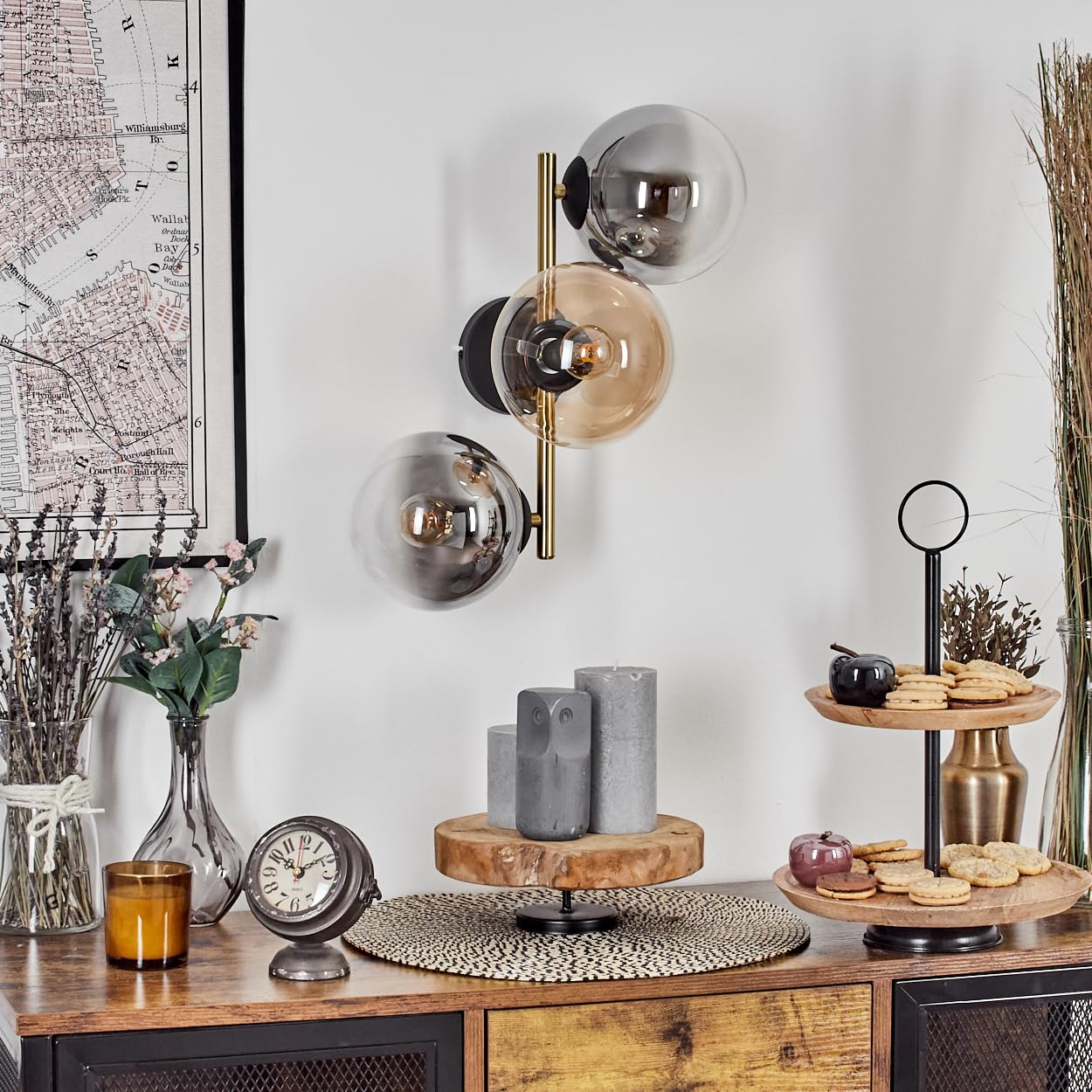 HOFSTEIN Wandleuchte Gastor, Wandlampe aus Metall/Glas in Schwarz/Gold/Rauch/Bernstein/Klar, Leuchte im Retro/Vintage-Design (Schirme Ø 15 cm), E14, Wohnzimmer, Schlafzimmer, Küche, Flur, Treppenhaus