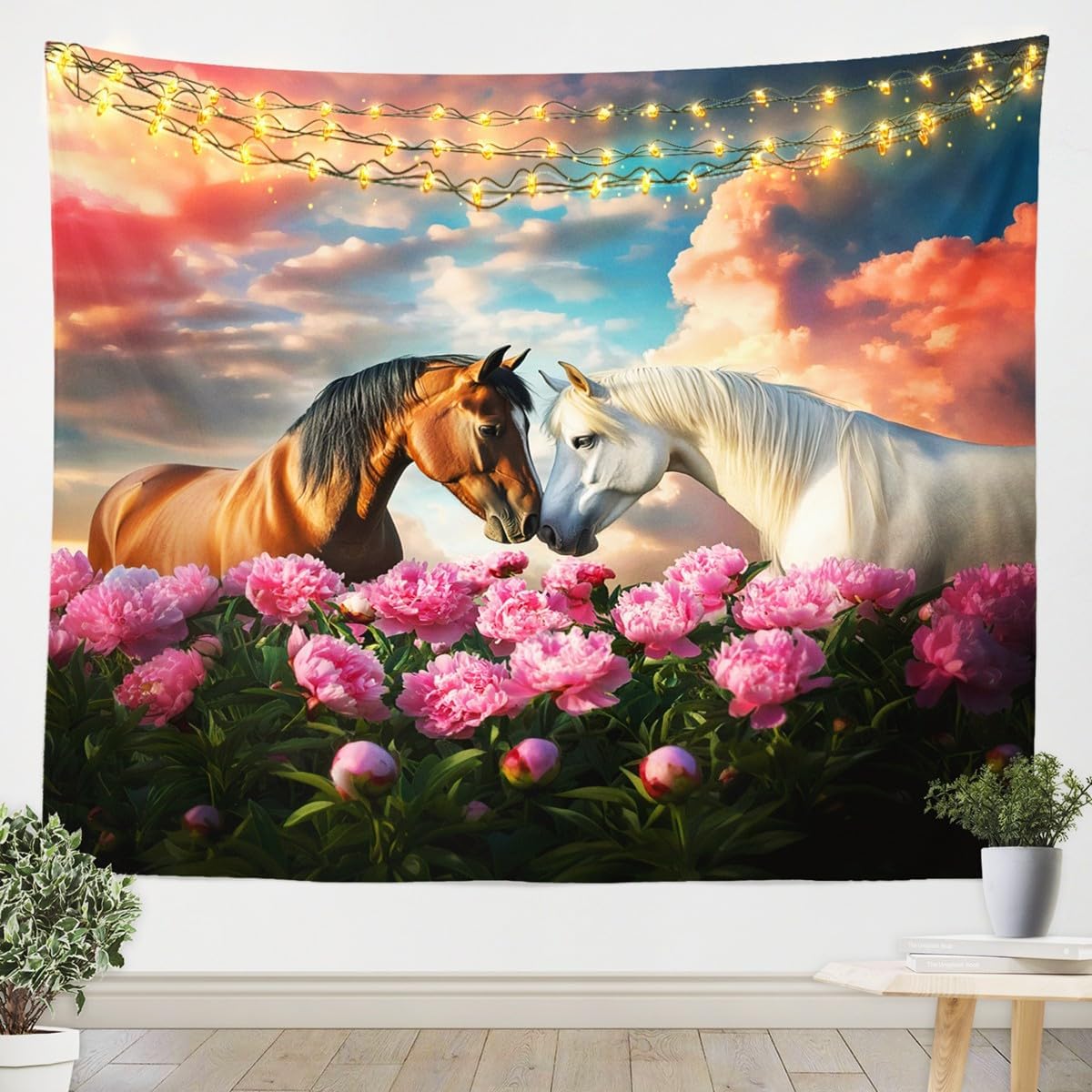 Feelyou Galloping Horse Tapestry XLarge 70"x92" Kids Floral Printed Horse Wall Blanket for Boys Teens Cute Animal Decor Wall Hanging Garden Flower Wall Art Room Decor Romantic Tapestries