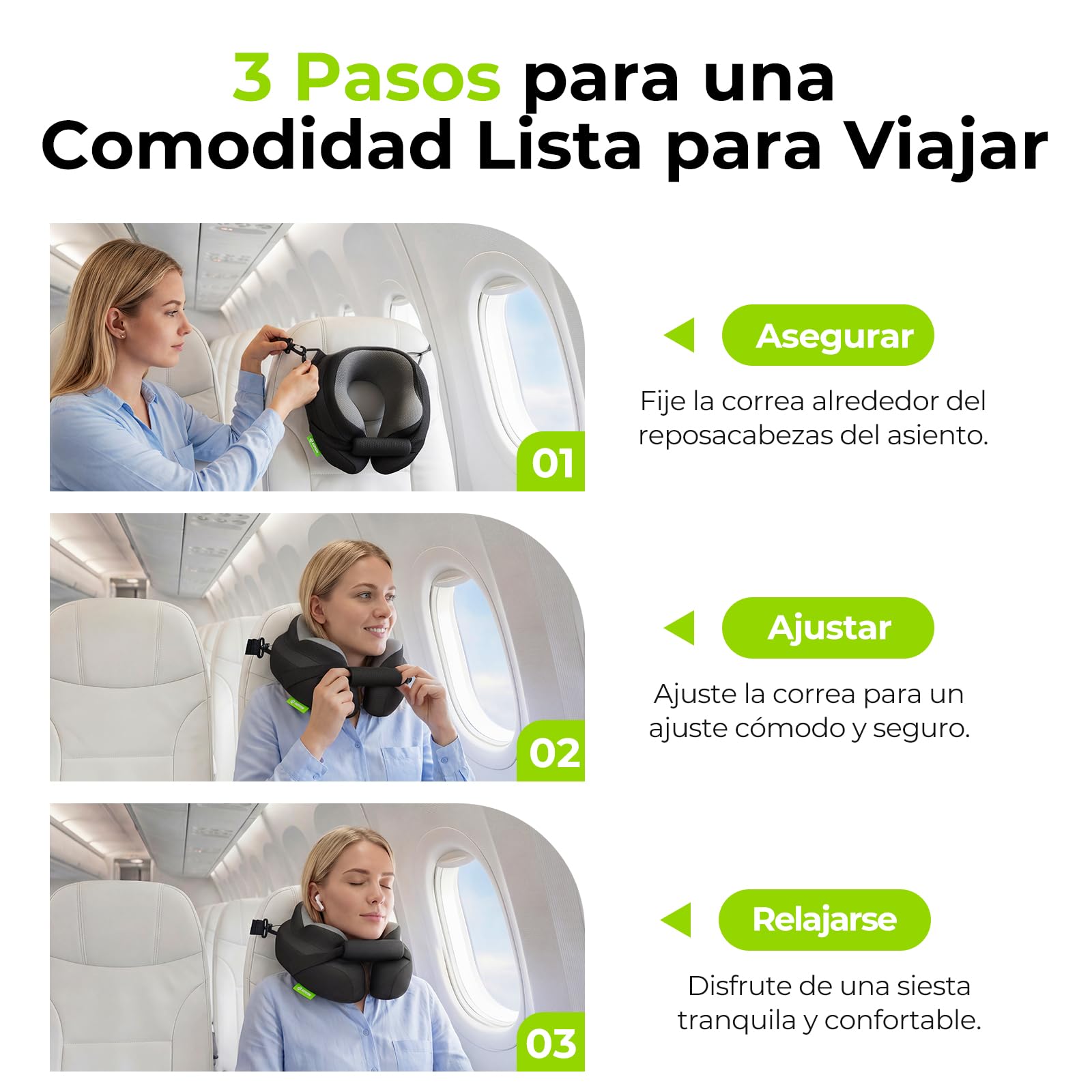 AUVON Almohada de Viaje Cuello con Soporte de Barbilla y Correas para Asiento de Avión, Estabiliza la Cabeza para Dormir Cómodamente, Cojín Cuello Viaje de Espuma Viscoelástica Transpirable