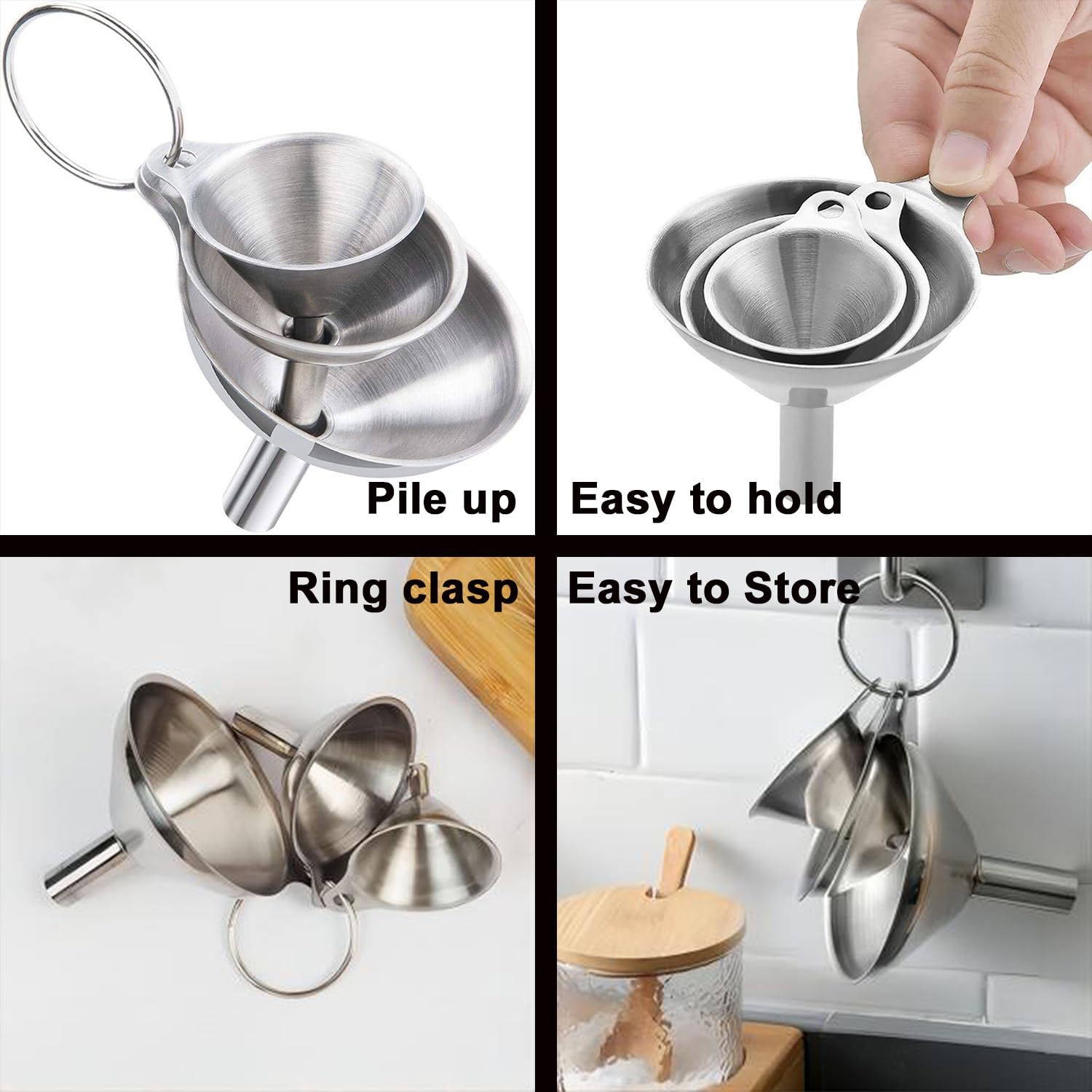 Funnels for Kitchen Bottle Filling, Lmoszuak Mini Stainless Steel Funnels, Multi-use Small Kitchen Funnel Set of 3, for Transferring Liquid, Fluid, Essential Oils, Powder,Tiny Spices,Dishwasher Safe image 3