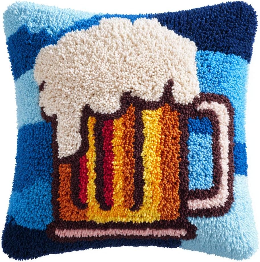 AMBATTERY Latch Hook Kits Pillow Beer Mug Handmade Pillowcase DIY Embroidery Pillowcase Rug Cover Stitching Latch Hook Pillow Kit 43x43cm