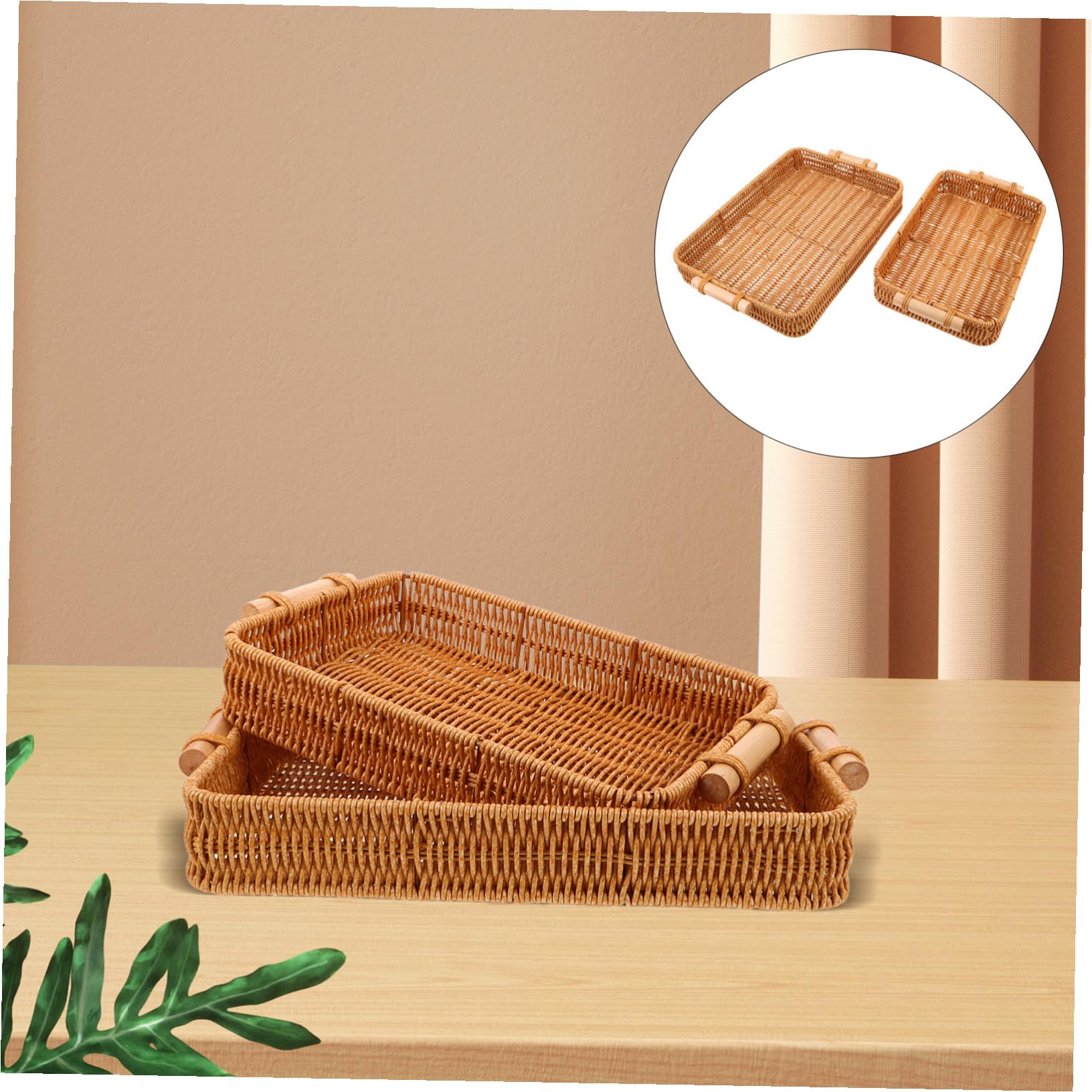 NOLITOY 2 Piezas Cestas de Pan Tejidas Mano con Asas de Madera Bandejas Rectangulares de Ratán Sintético para Servir y Almacenar Organizador Artesanal para Cocina y Comedor