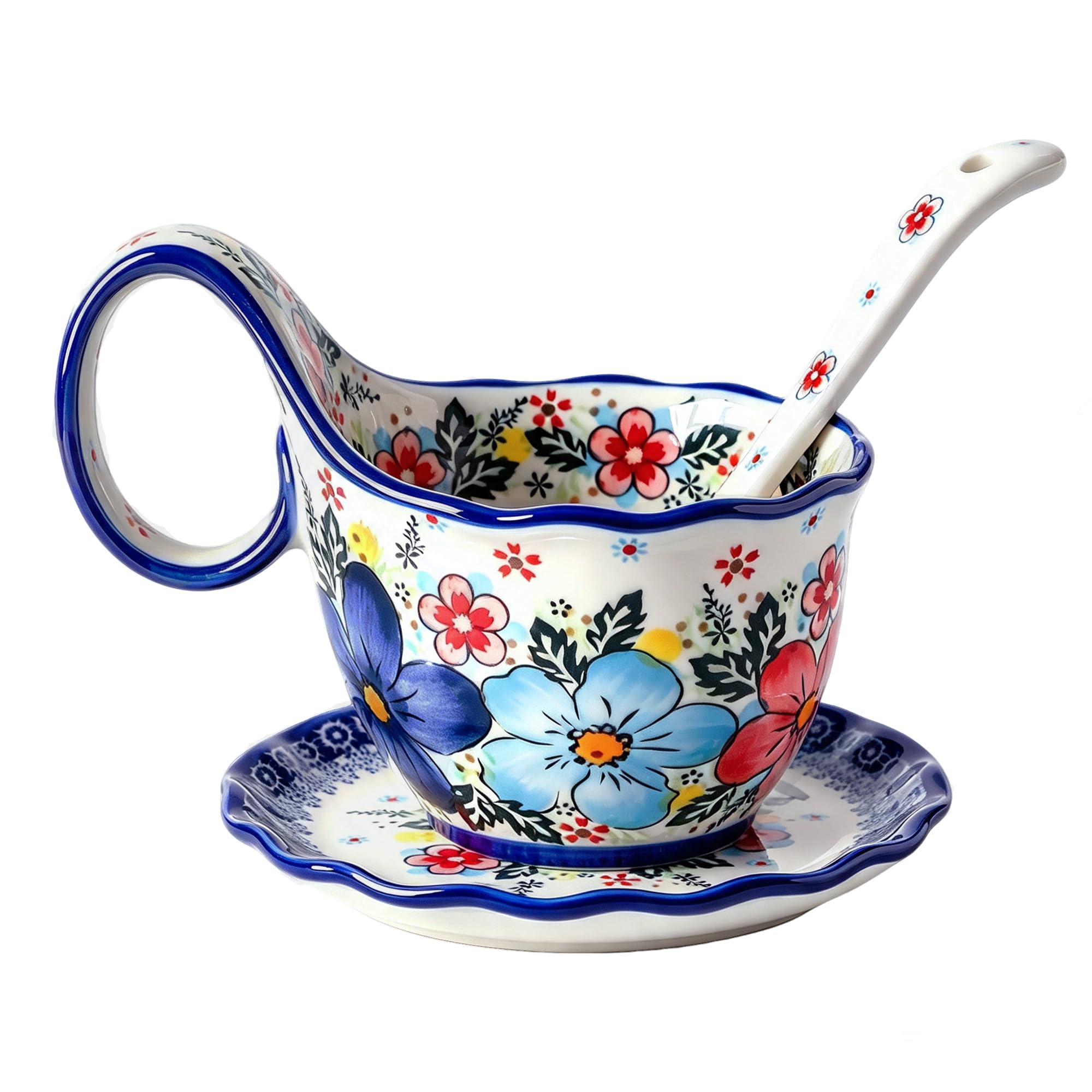 ALMA Soup Bowl with Handle, 16oz Hand-Painted Bowl Set with Plate & Spoon | Large Handle…
