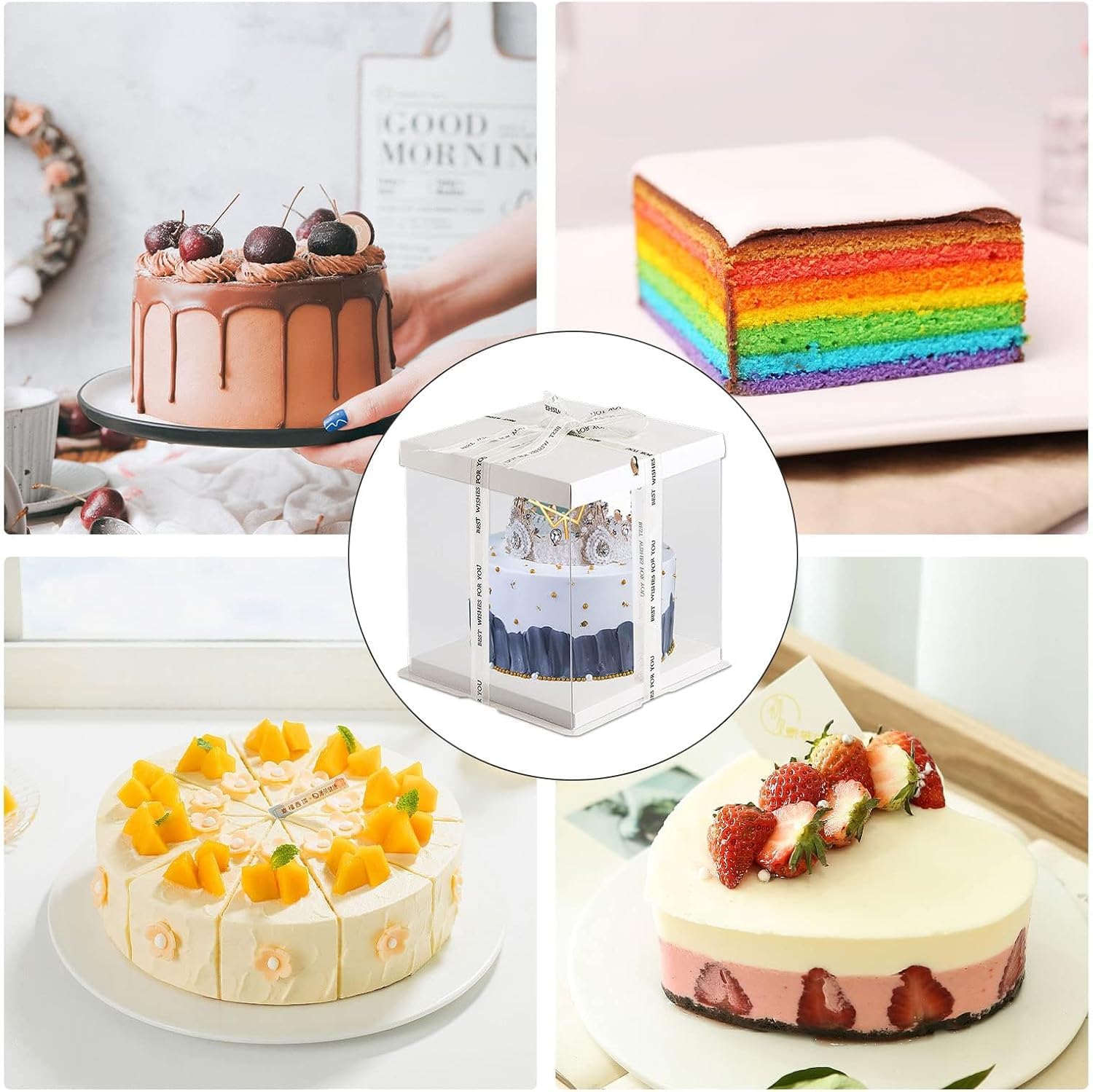 Haploon 10 cajas transparentes para tartas de 7 x 7 x 8 pulgadas, cajas de embalaje de pasteles altas con tapa y cinta de 150 pies de alto para pasteles de nivel para tartas de doble capa de 4
