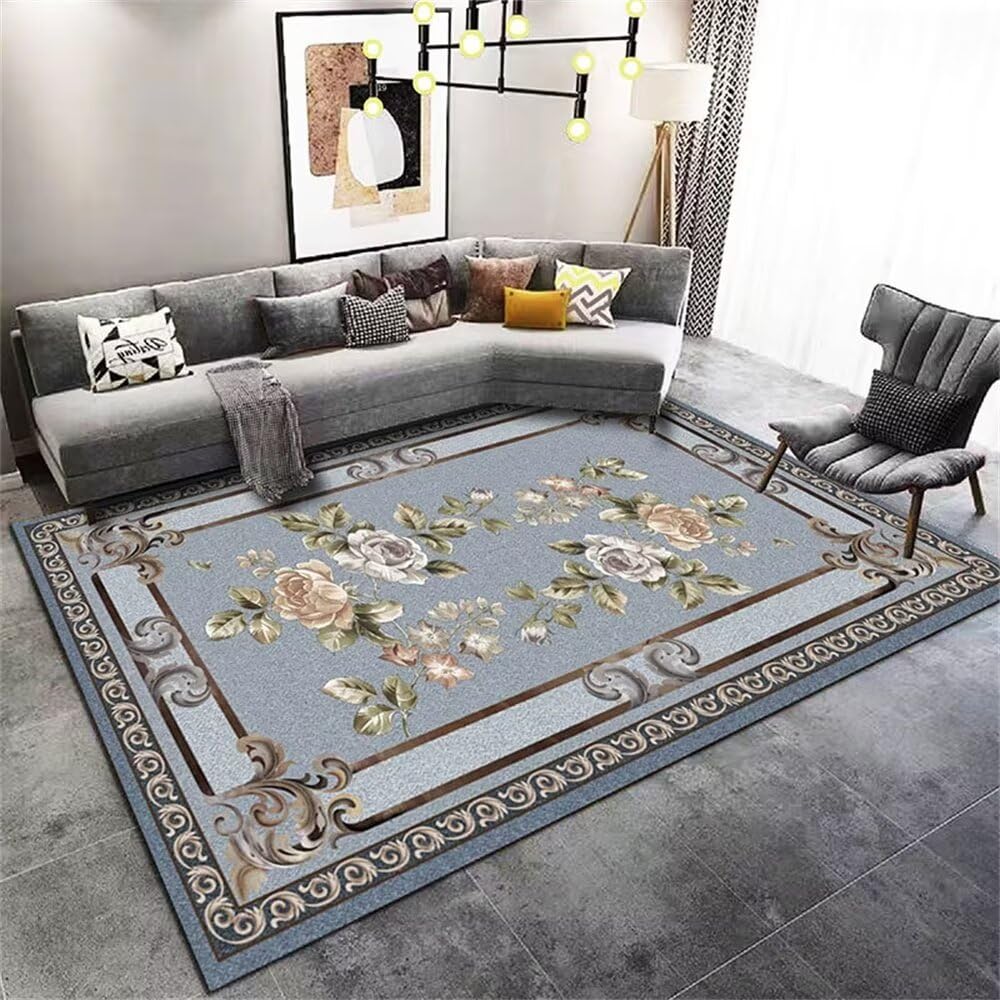 Tapis de décoration de salle bleu lavable fleurs 140x180