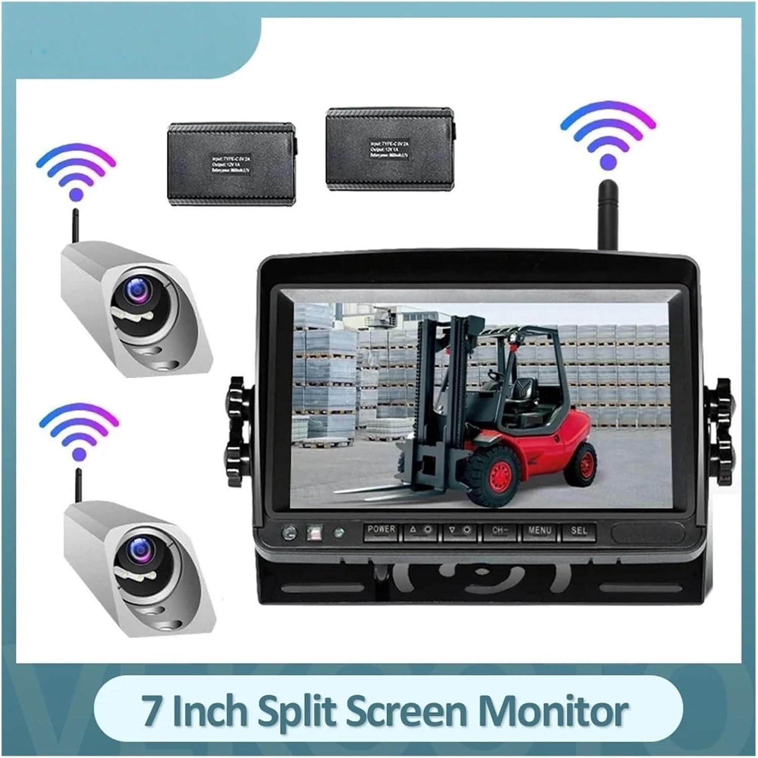 Digital Wireless 7 Inch Split Screen Monitor 2X Front View Cameras Magnetic Base Power Bank for Forklift(2CAM)