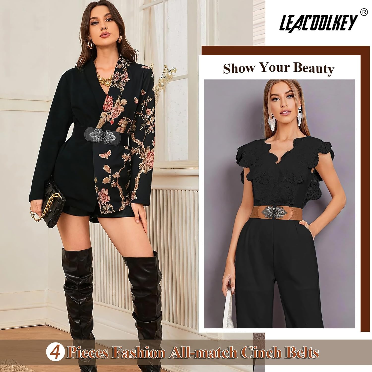 LEACOOLKEY 4 Pack Women Wide Elastic Waist Belt for Dress Plus Size Vintage Stretch Belt Retro Buckle 2.36" Width - Image 4