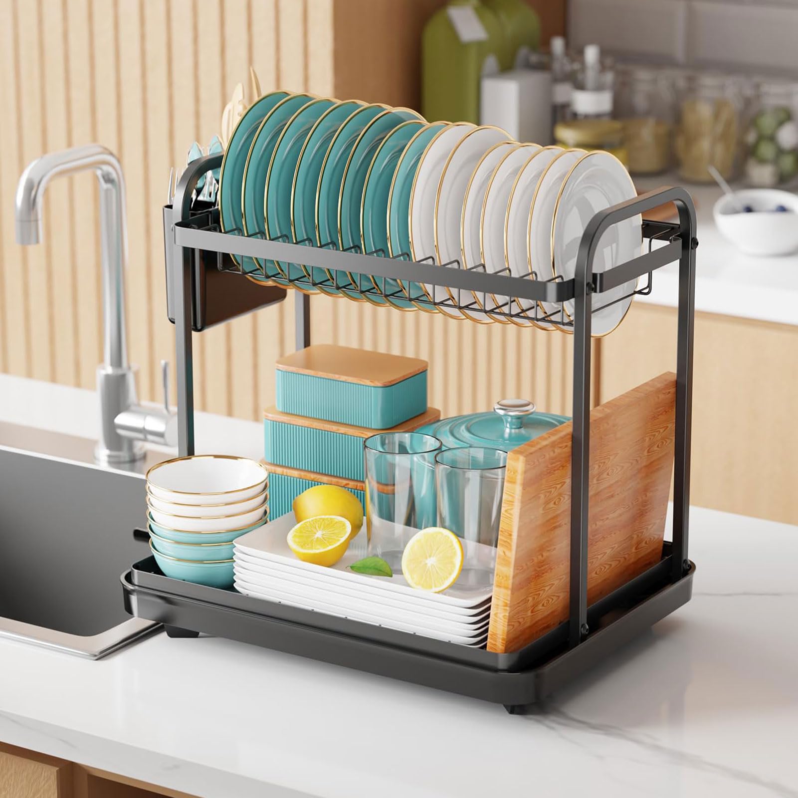 Abtropfgestell Geschirr 2-stufiges Abtropfgestell aus Edelstahl mit Besteckhalter Platzsparender Küchenorganizer Multifunktionaler Geschirrständer für die Küchentheke Schwarz 38*28*38cm
