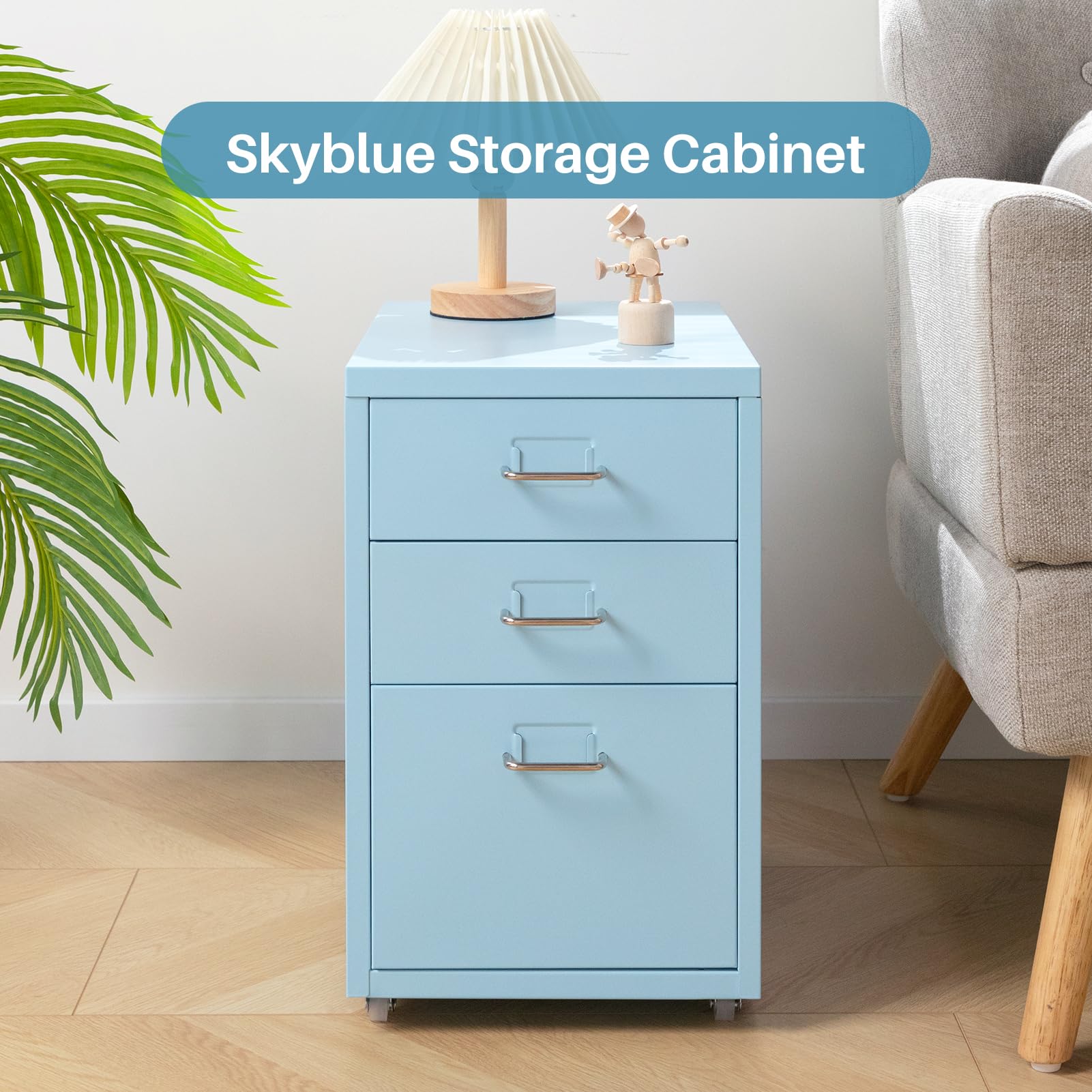 HollyHOME Schedario Mobile a 3 Cassetti, Organizzatore Portadocumenti Sotto Scrivania su Rotelle, Armadietto Portadocumenti in Metallo con Rotelle per Casa e Ufficio, Azzurro