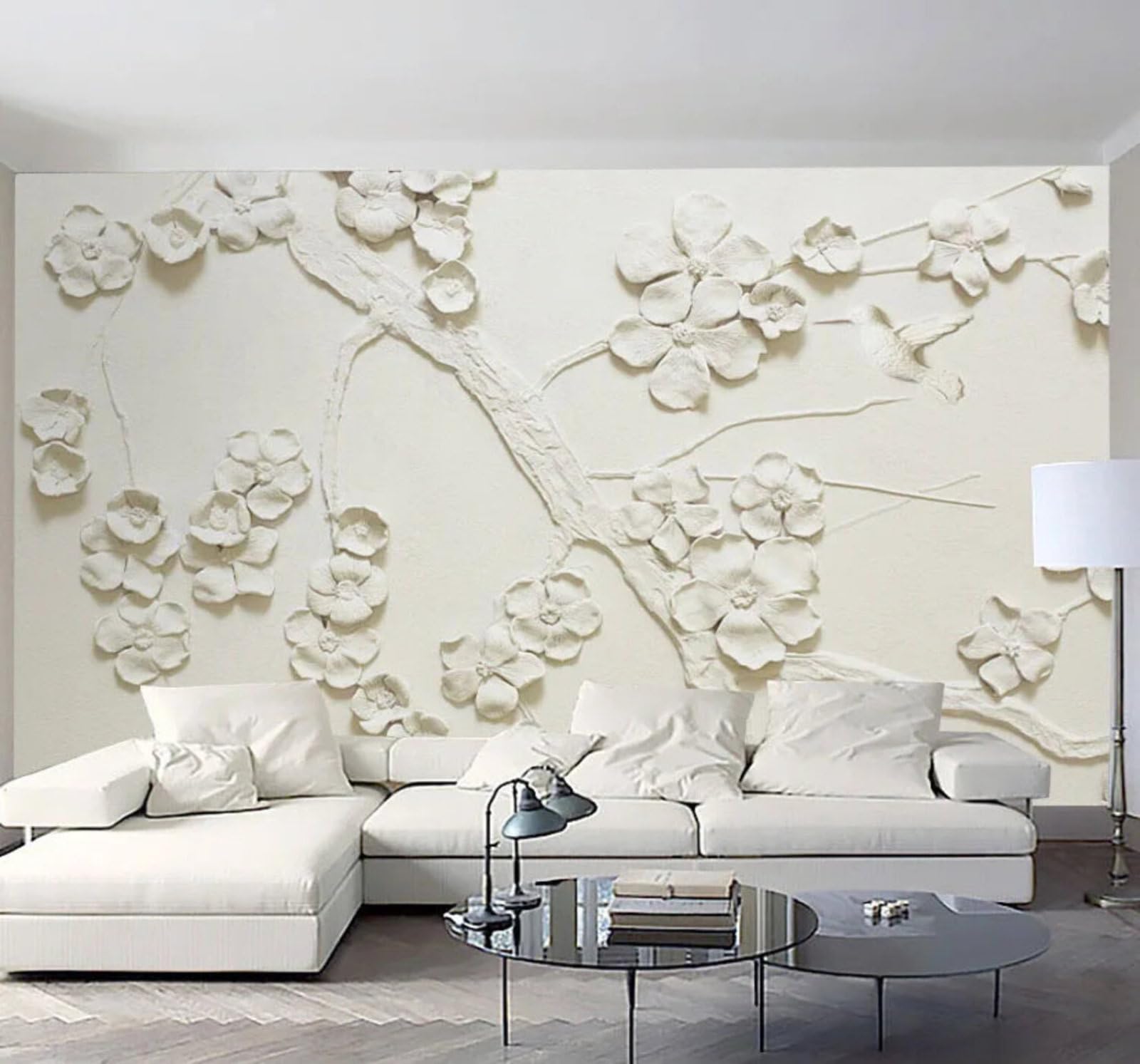 Creative Minimalist Relief White Plum Blossom Art 3D Wallpaper Easy Install Feature Office Living Room Sofa Bedroom TV Background Wall Decoration-350cm×256cm