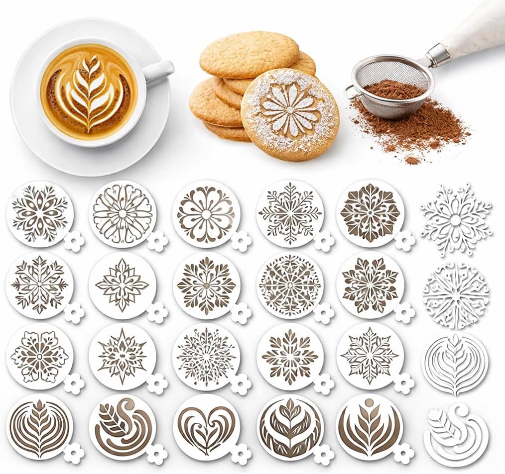25 Pcs Reusable Mandala Baking Stencils - Cookie Coffee Latte Art Stencils for Cake Bread Sourdough Decor, Baking Decoration Tools