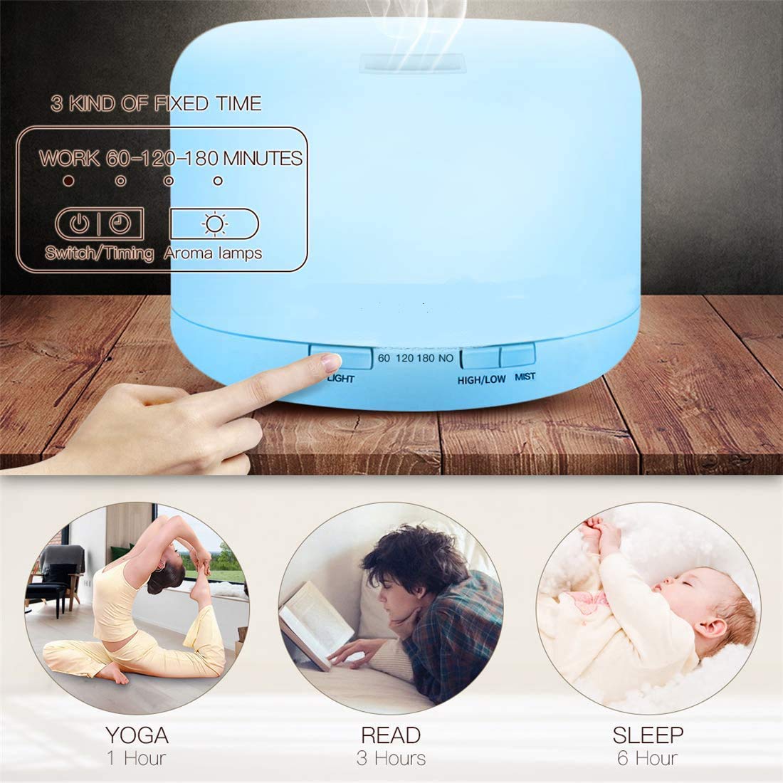 300mL/500mL Ultrasonic Air Humidifier with Waterless Automatically Shut-Off, 7 Colorful LED Lights, Aromatherapy Essential Oil Diffuser for Home, Office, Bedroom, Baby Room, SPA (500ML)