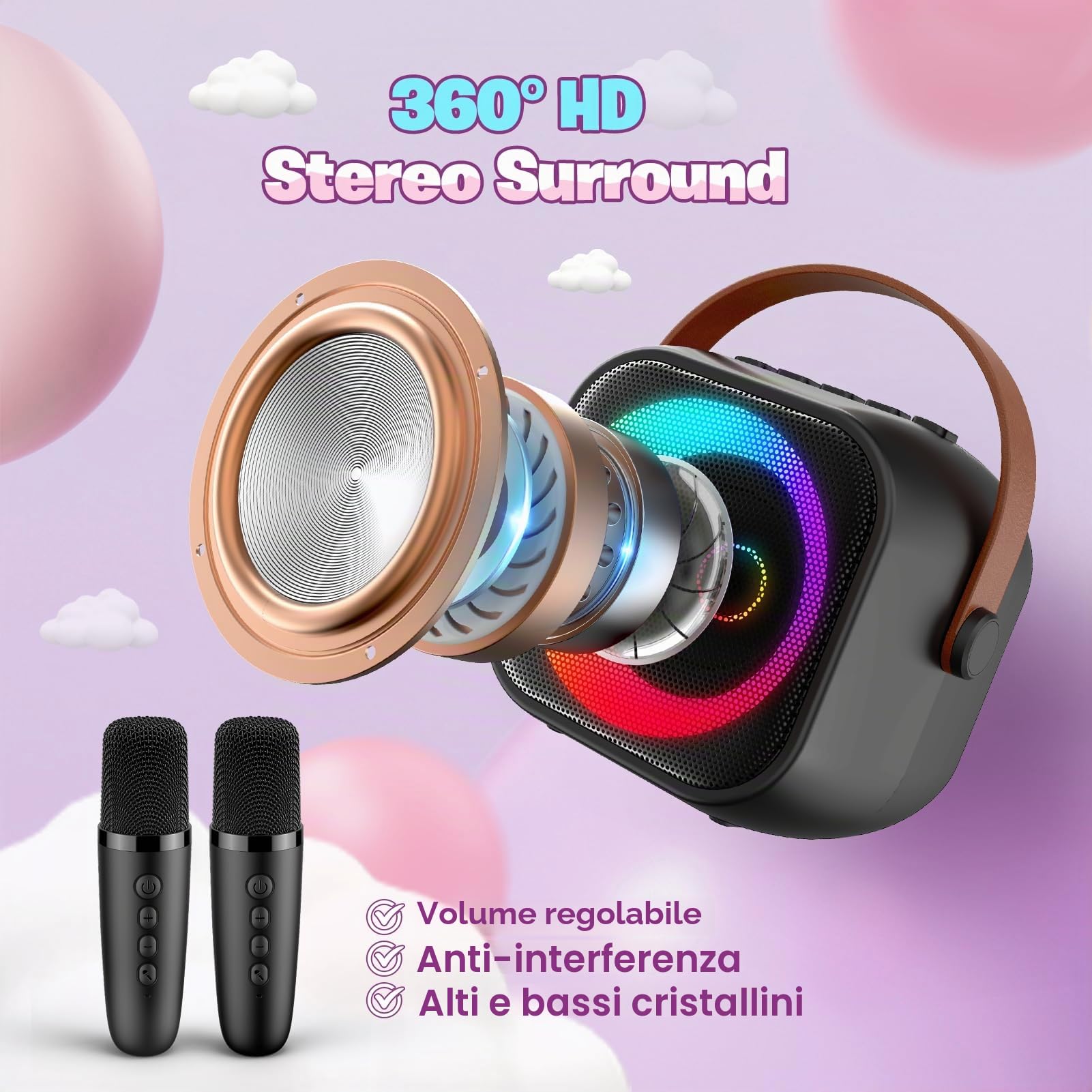 Karaoke per Bambini con 2 Microfoni Wireless & Luci LED - Microfono Bluetooth Effetti Voce 3-12 Anni
