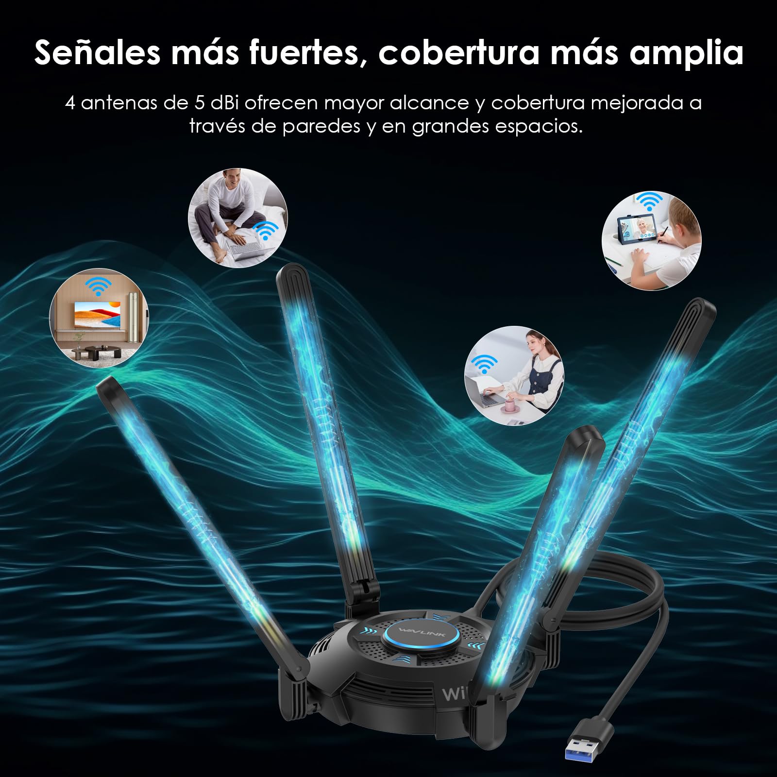 WAVLINK WiFi 7 USB WiFi Dongle para PC, Adaptador USB WiFi Tri-Banda BE6500 con Controlador Integrado, WPA3, MLO & Multi-RU, Antenas de Alta Ganancia 5dBi, Solo para Windows 11/10