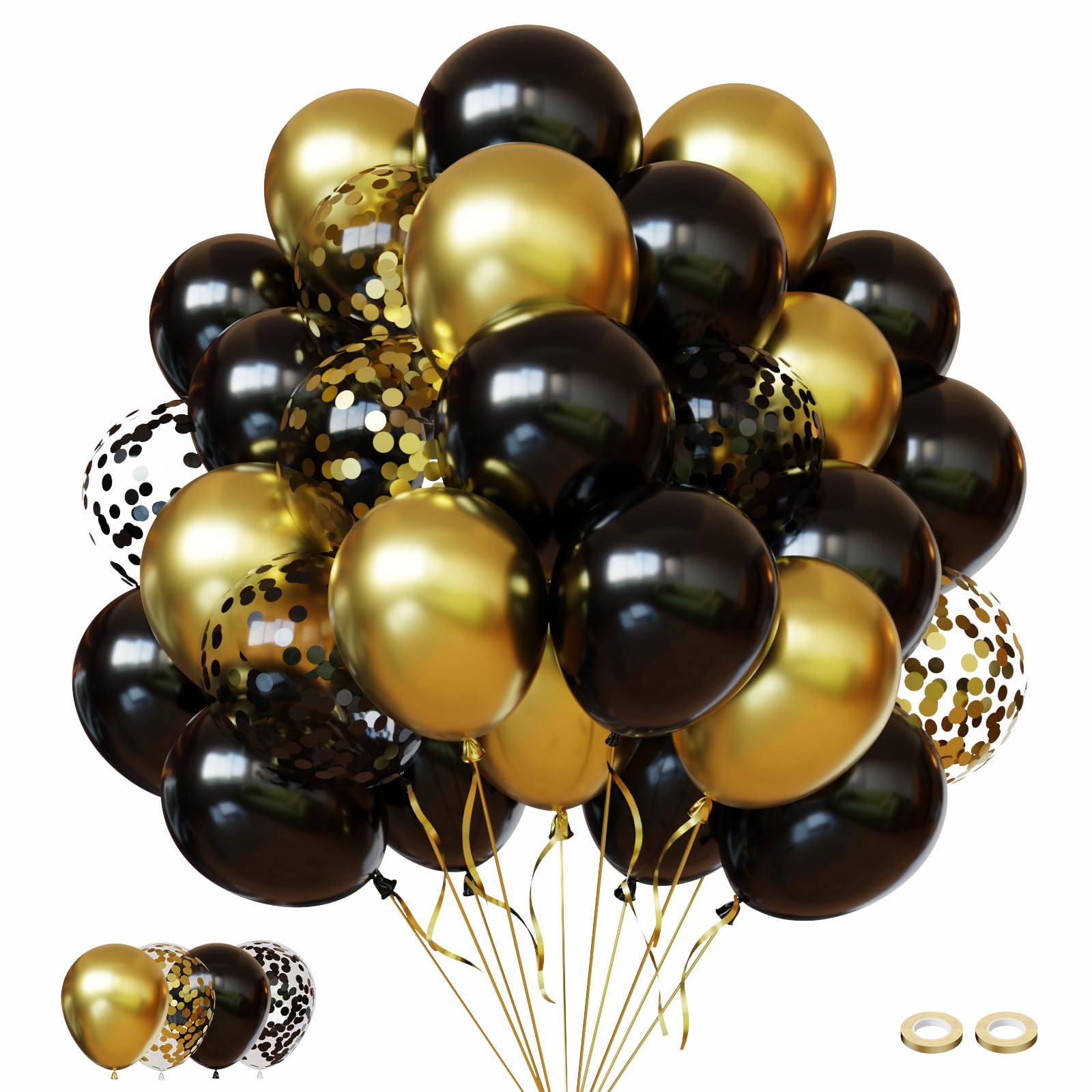 FQZYLCH Black and Gold Balloons 60pcs 12 inch Latex Balloons-Metallic Gold Balloons & Black Confetti Balloon Pack for Birthday, Wedding, New Year's Eve, Gratuation, Eid Mubarak Decorations