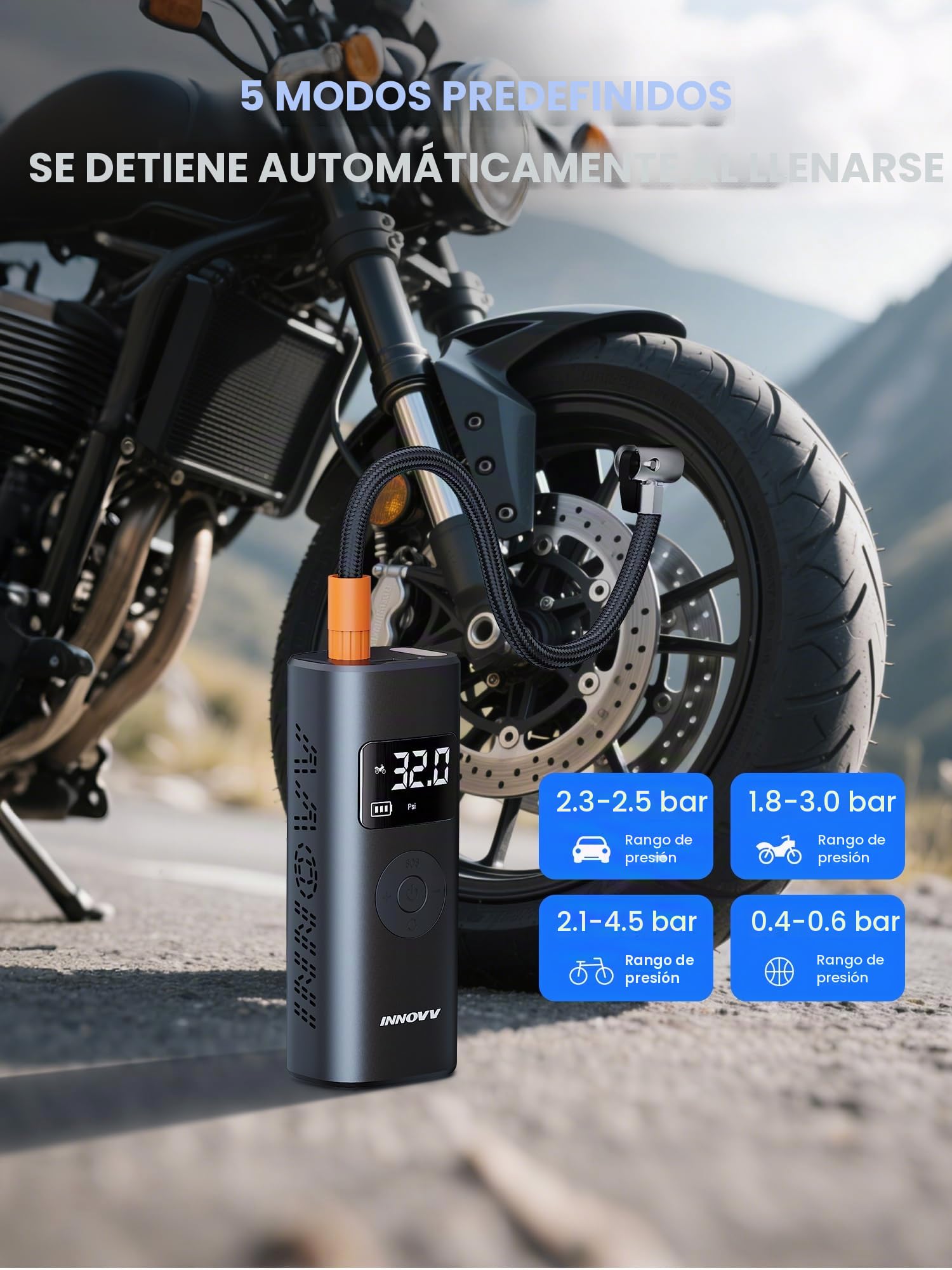 INNOVV Bomba de aire eléctrica P1, portátil para bicicleta, con indicador digital de presión y iluminación de emergencia, 150 psi, recargable para coche