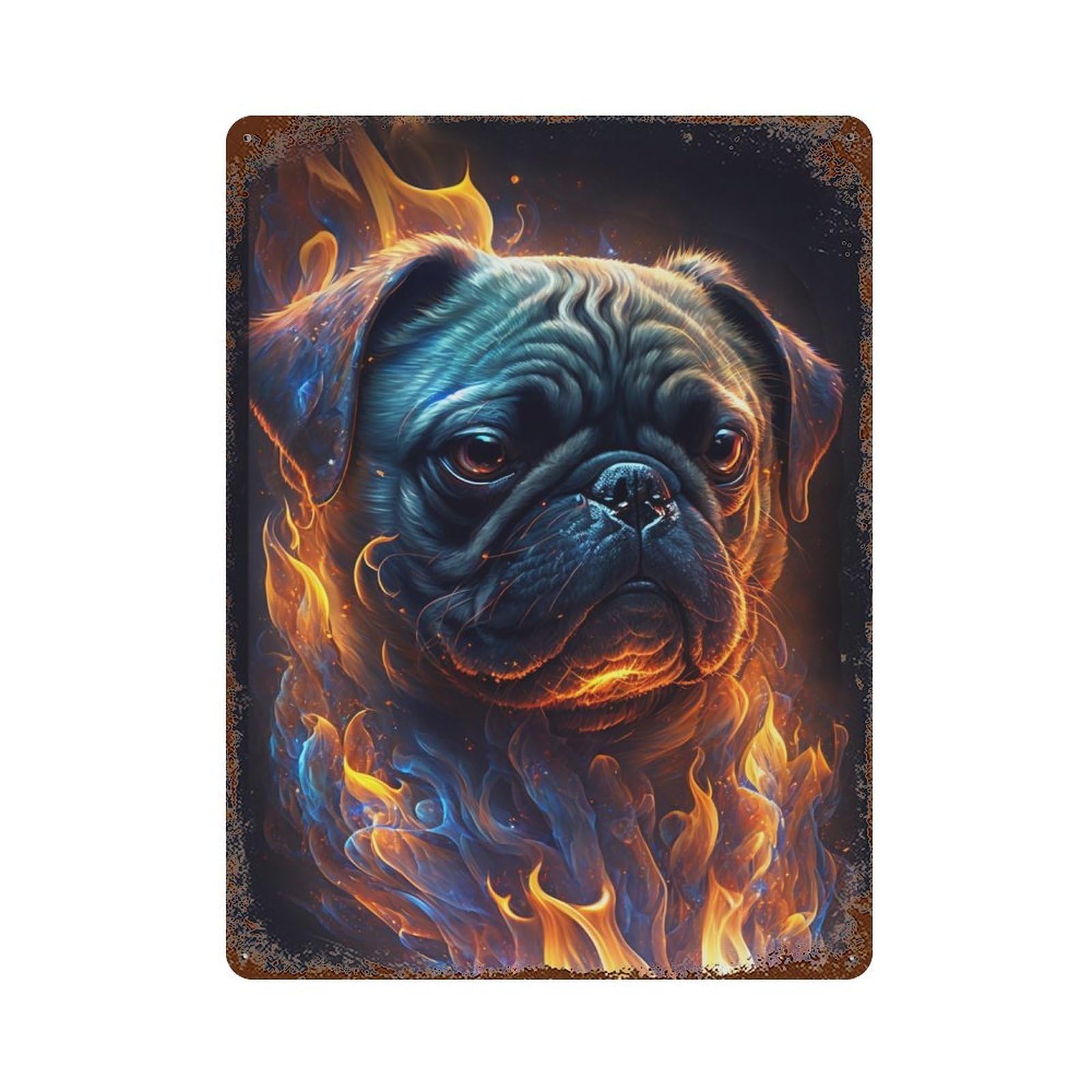 Flaming Pug Art Print -3 Retro Metal Sign 15.7"x11.8", Decorative Metal Wall Art for Basement, Hobby Room And Garage Decor