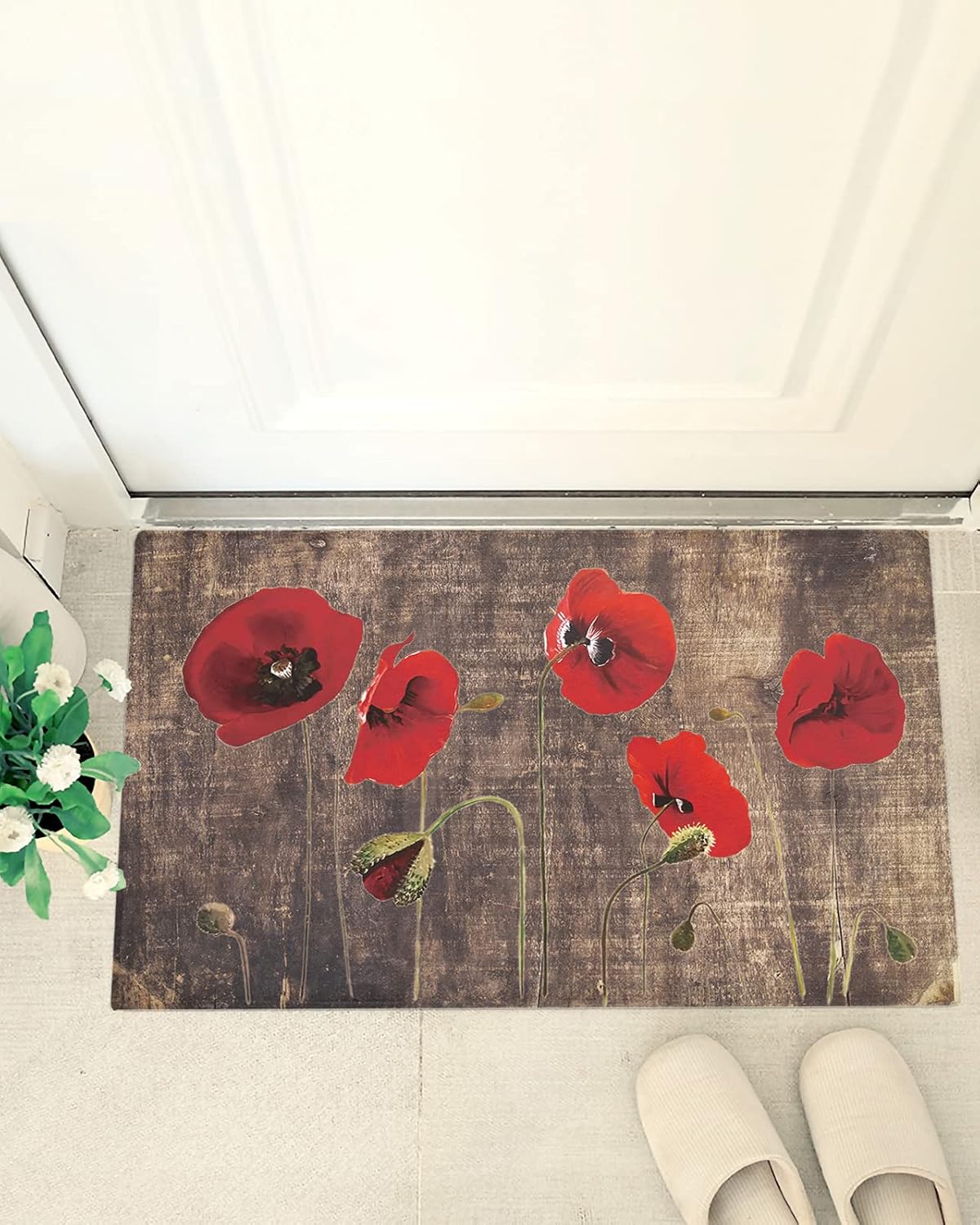 Farm Red Poppy Plush Shag Bath Rugs Blossoms Floral Wild Plant Soft Fluffy Floor Doormat Carpet,Non-Slip Door Mats for Living Room Bedroom Kitchen Entryway Wood Grain