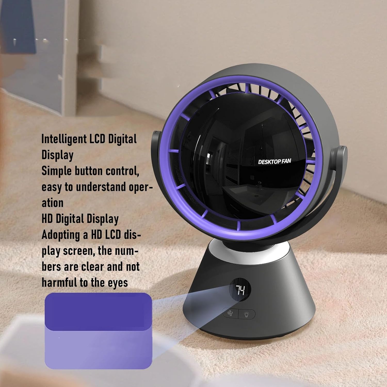 Table Fan, USB Charging Digital Display 3 Speed Adjustable High Speed Turbine Air Circulator Desk Fan with Ambient Night Light, for Home Office