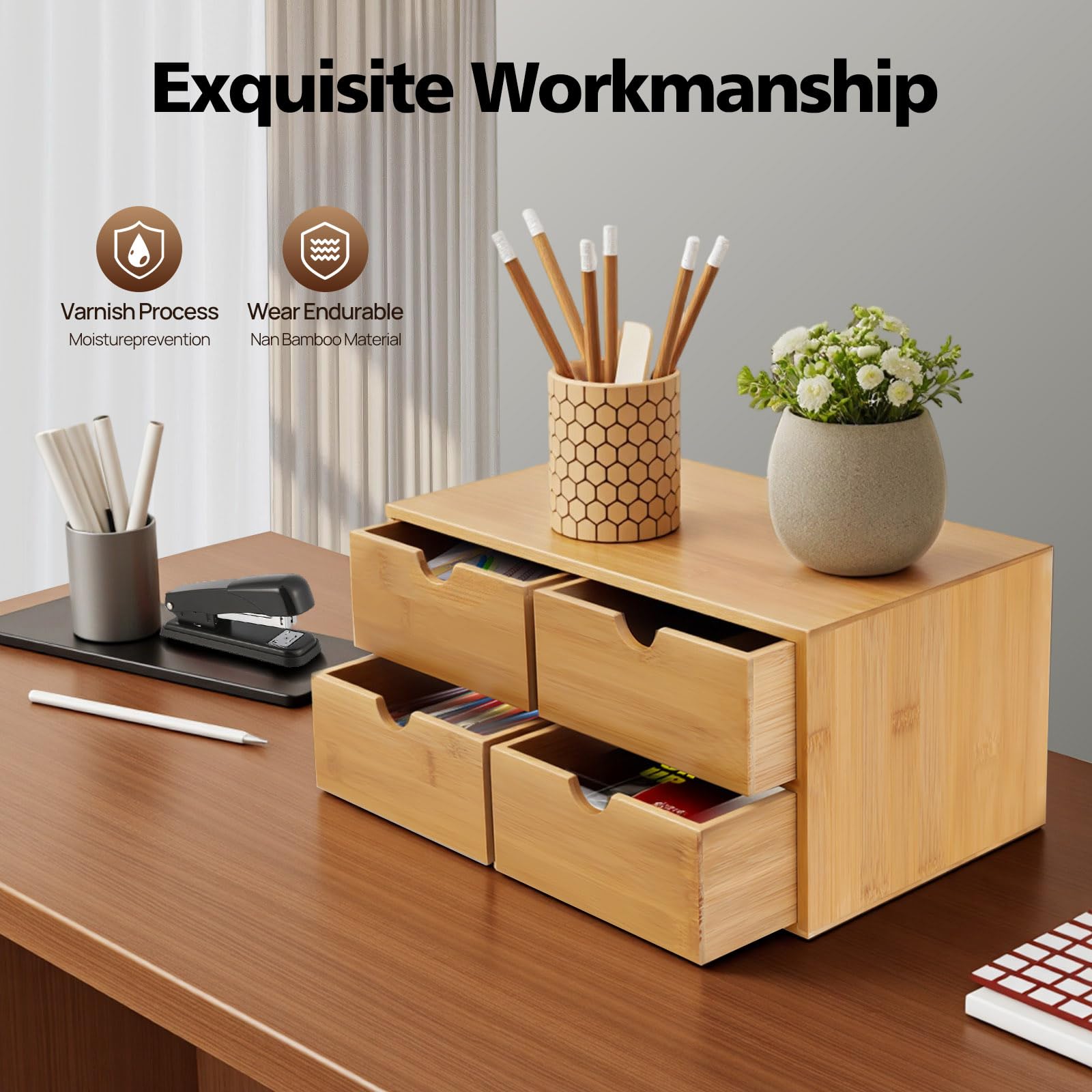 Bamboo Desk Organizer con 4 cassetti per utensili da ufficio, in bambù, 33 x 19 x 16 cm, per riporre articoli di cancelleria, documenti, cosmetici