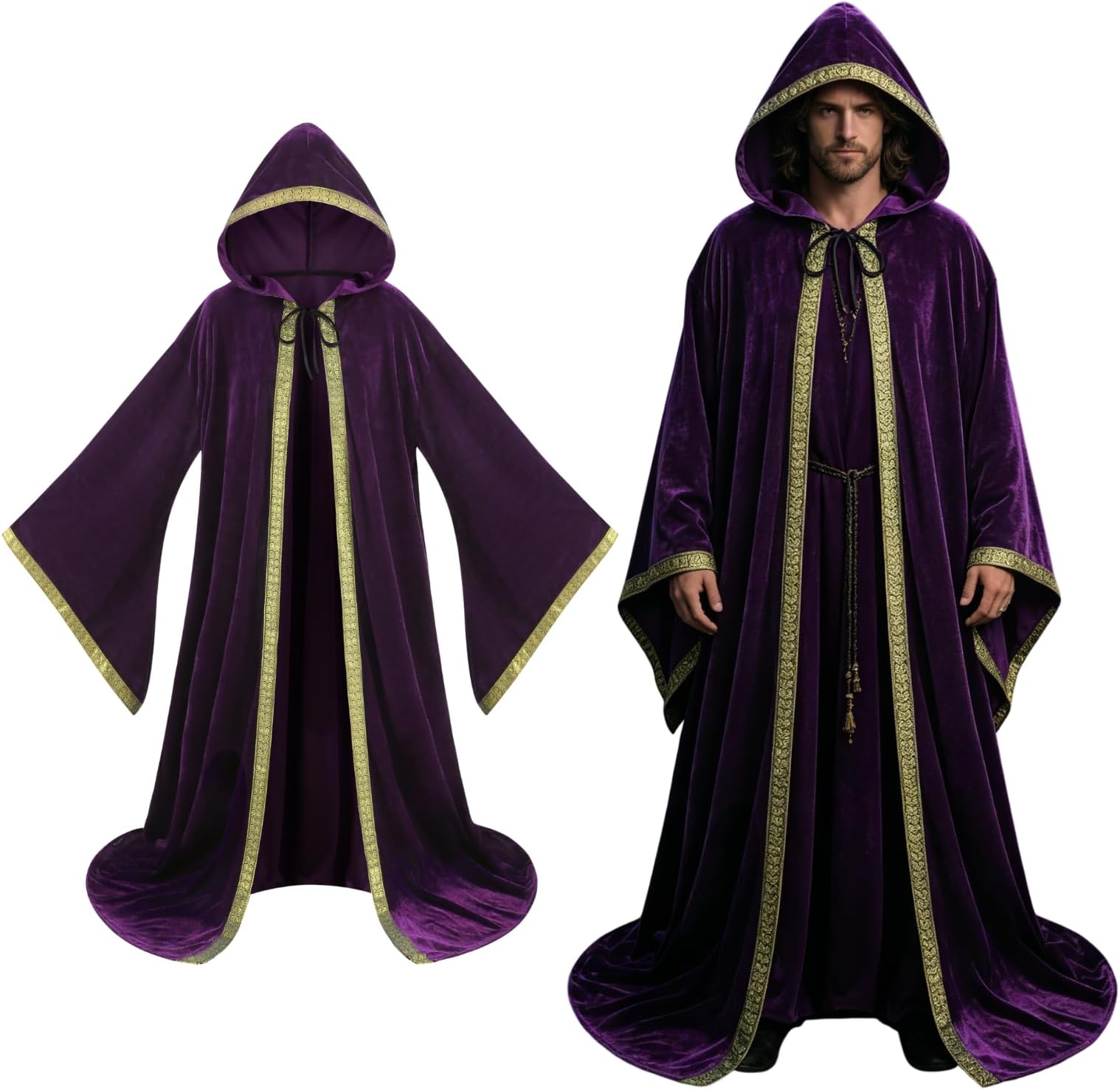 Velvet Wizard Robe with Hooded and Sleeves, Halloween Fancy Cool Cosplay Costume