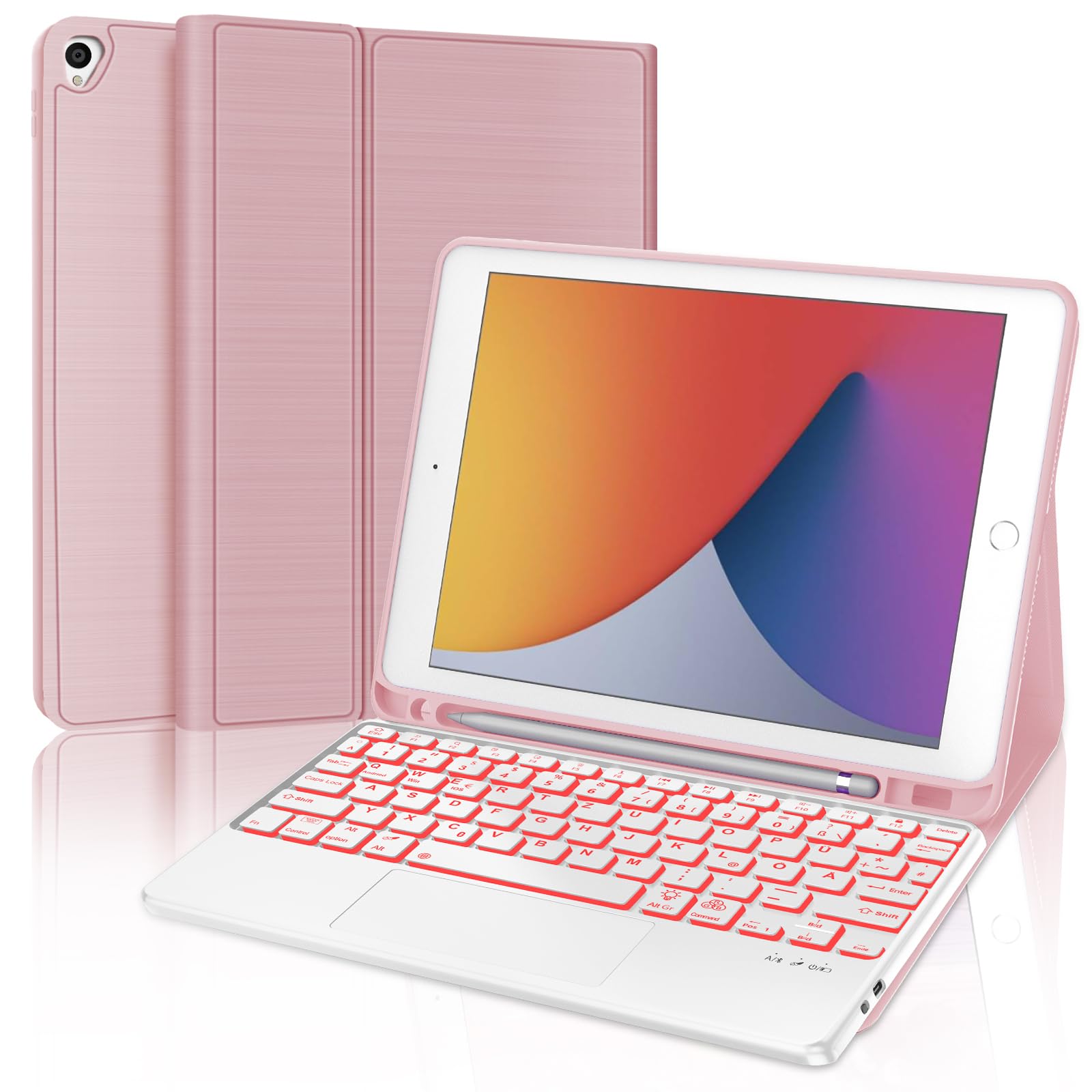 WINCHKING Funda con Teclado para iPad 9/8/7 Generacion 10.2 Pulgadas, Magnético Bluetooth Teclado para iPad Pro 10.5" 2017/ Air 3 2019, Retroiluminación de 7 Colores, QWERTY Español Ñ, Rosa-Touchpad