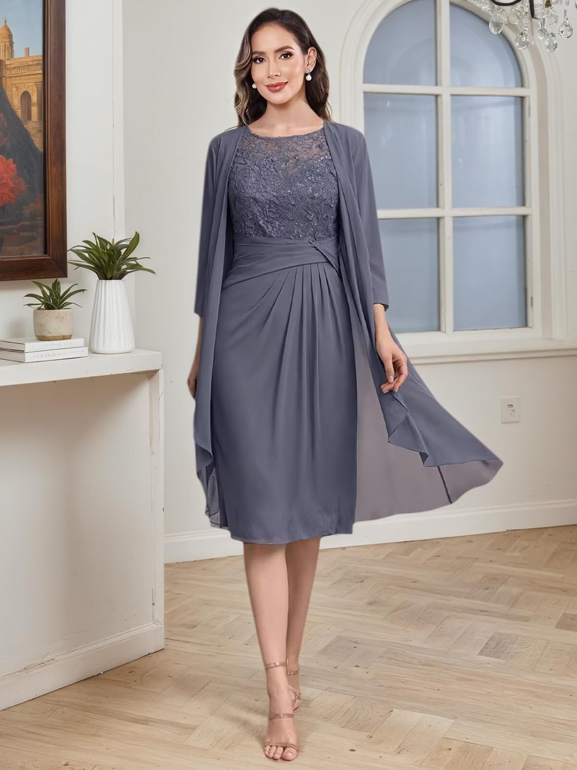 2 Pieces Mother of The Bride Dresses for Women Lace Applique Chiffon Knee Length Formal Evening Party Gowns with Jacket