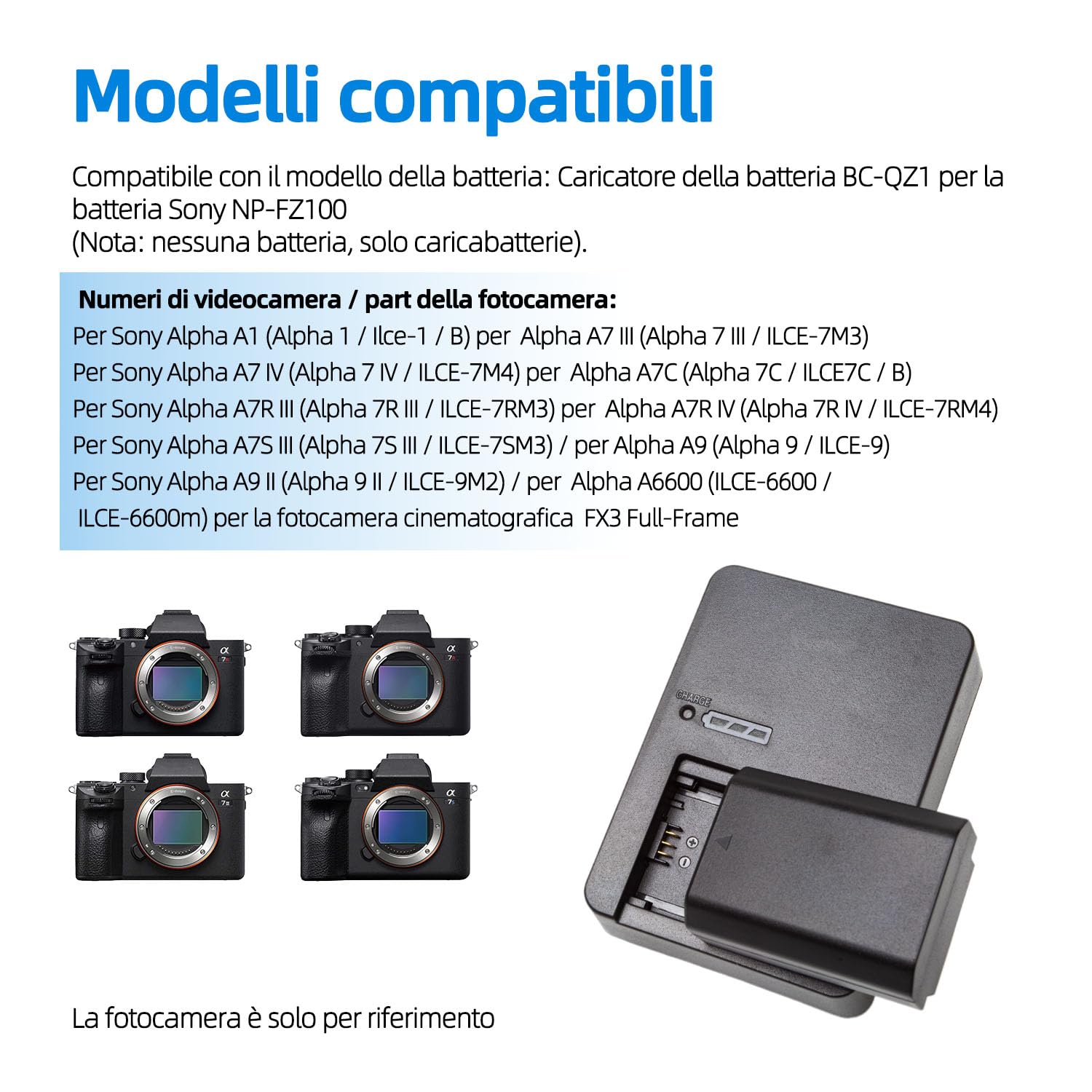 BC-QZ1 Battery Charger NP-FZ100 Compatibile con Sony Z-Series ZV-E1 FX3 FX30 A1 A6600 A6700 A7C A7C II A7CR A7S A7S III A7 III A7R III A7R IV A9 A9 III Digital SLR