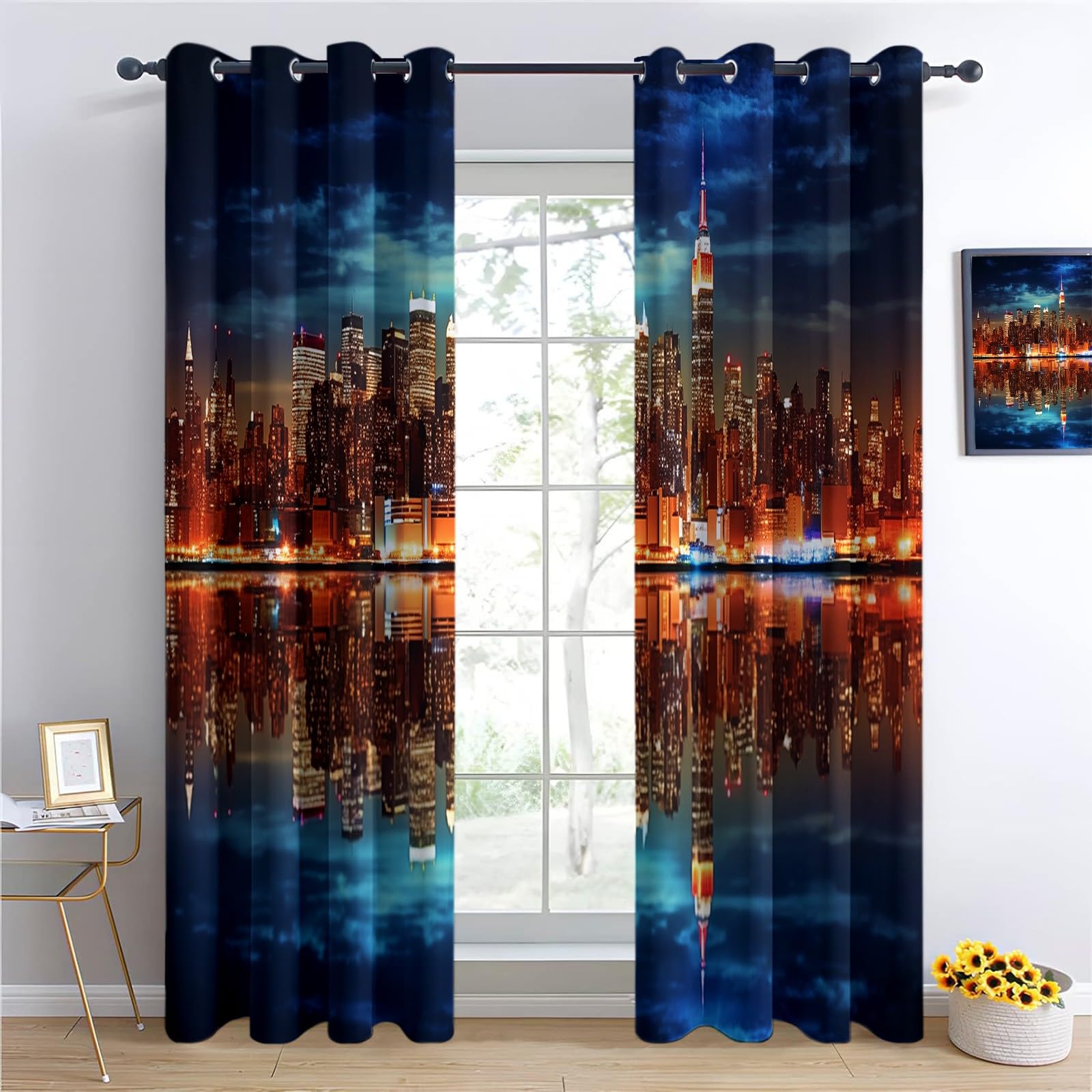 Niebieskie zasłony zaciemniające dla dzieci, 140 x 250 cm, fotografia miasto nocny nadruk blokujące światło zasłony termiczne, redukcja hałasu, łatwe do czyszczenia, idealne do pokoju dziecięcego