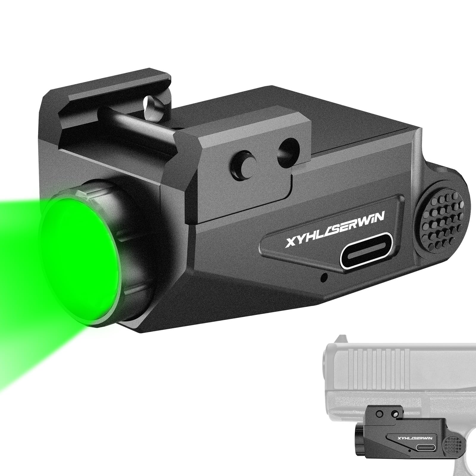 500 Lumens Green Pistol Light for Glock?Mini Pistol Flashlight Picatinny Rail Mounted USB-TypeC Rechargeable Weapon Light, Aluminum Tactical Flashlight for gun with Strobe Function Fits Taurus Black