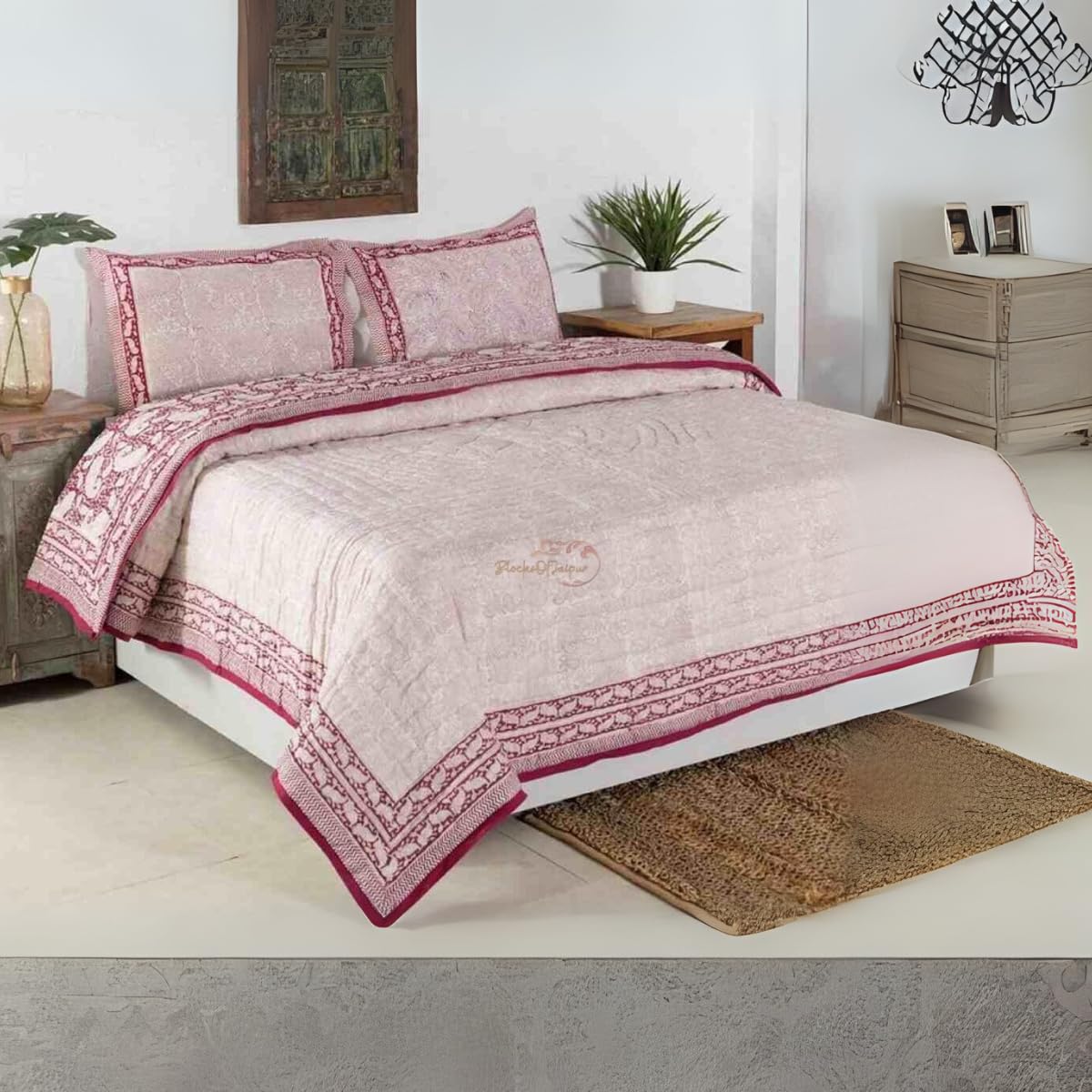 Jaipuri Double Bed Cotton Malmal Quilt | Hand Block Print Reversible Razai | Soft Lightweight AC Blanket | Floral Design & Skin-Friendly Bedding (Pattern 24, Double Bed - 90 X 105 Inch)-image-34