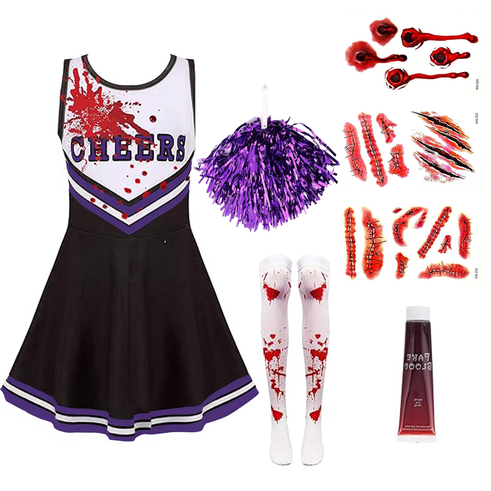Halloween Zombie Cheerleader Kostüm Damen – Mit Kleid, Pompons, Strümpfen & Tattoos, Gruselig Blutig