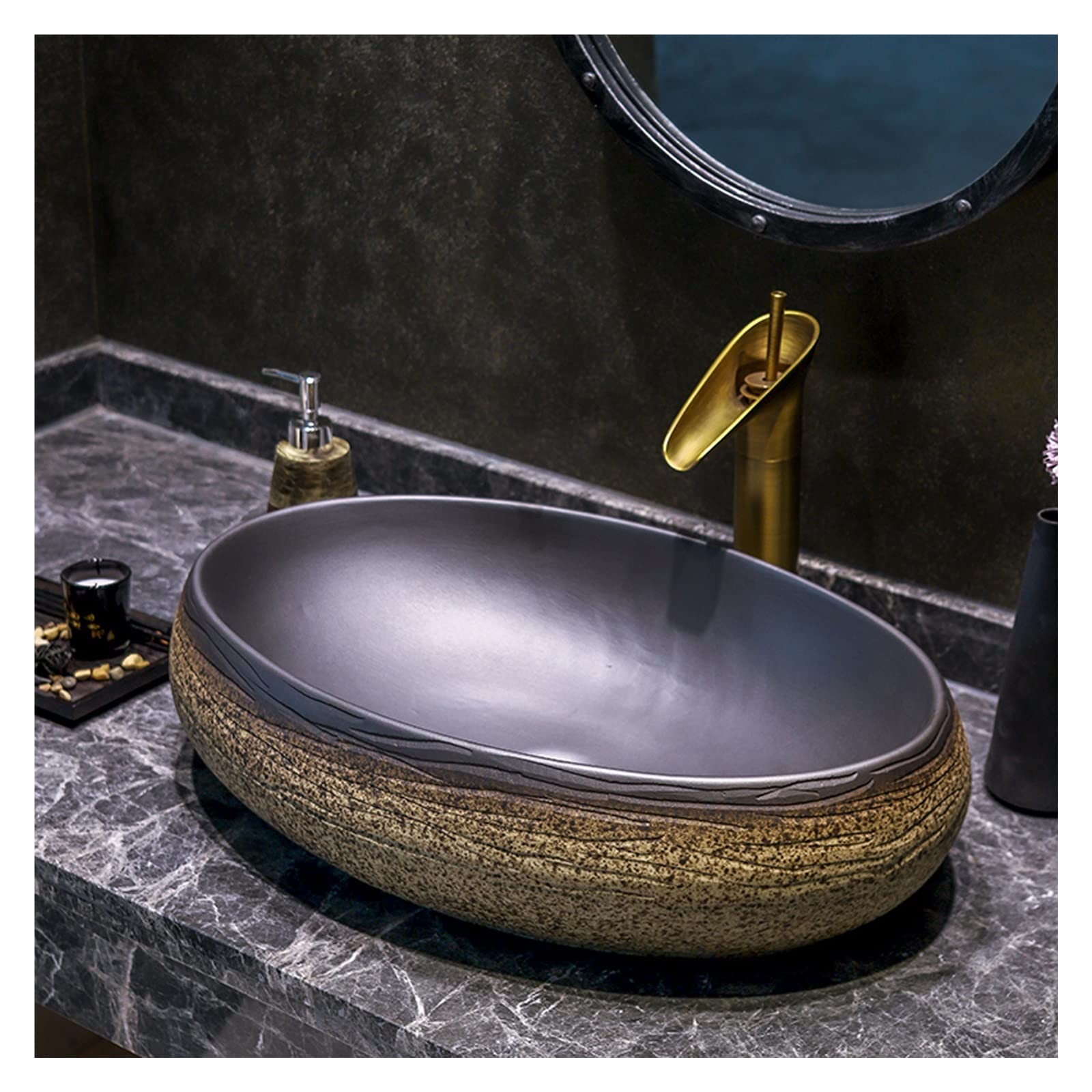 Sjdopulse Oval Vessel Sink And Faucet Combo, Bathroom Above Counter Porcelain Ceramic Vessel Sink Bowl Art Basin With Pop-Up Drain,Stone Textured