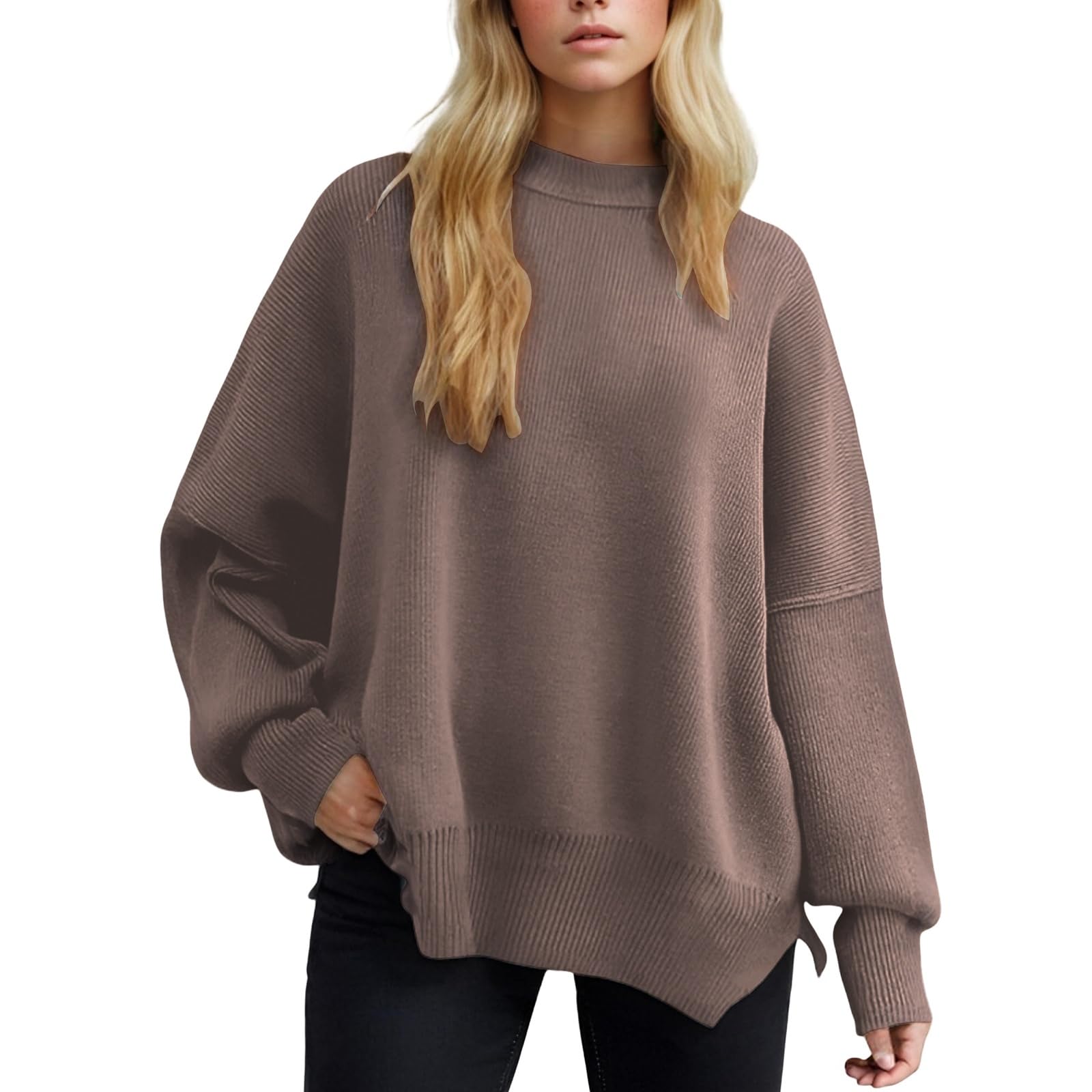 Womens Oversized Batwing Sweaters Long Sleeve Trendy Fall Outfits Crewneck Side Slit Fashion Pullover Tops