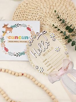Baby Announcement Sign 5.9 Inch Wooden Hello World Newborn Engraved Sign with Pad Ribbon Bow for for Newborn Photoshoot, Baby Shower, Rustic Keepsake Birth Stat Sign for Hospital Birth Announcement (Butterfly Style)