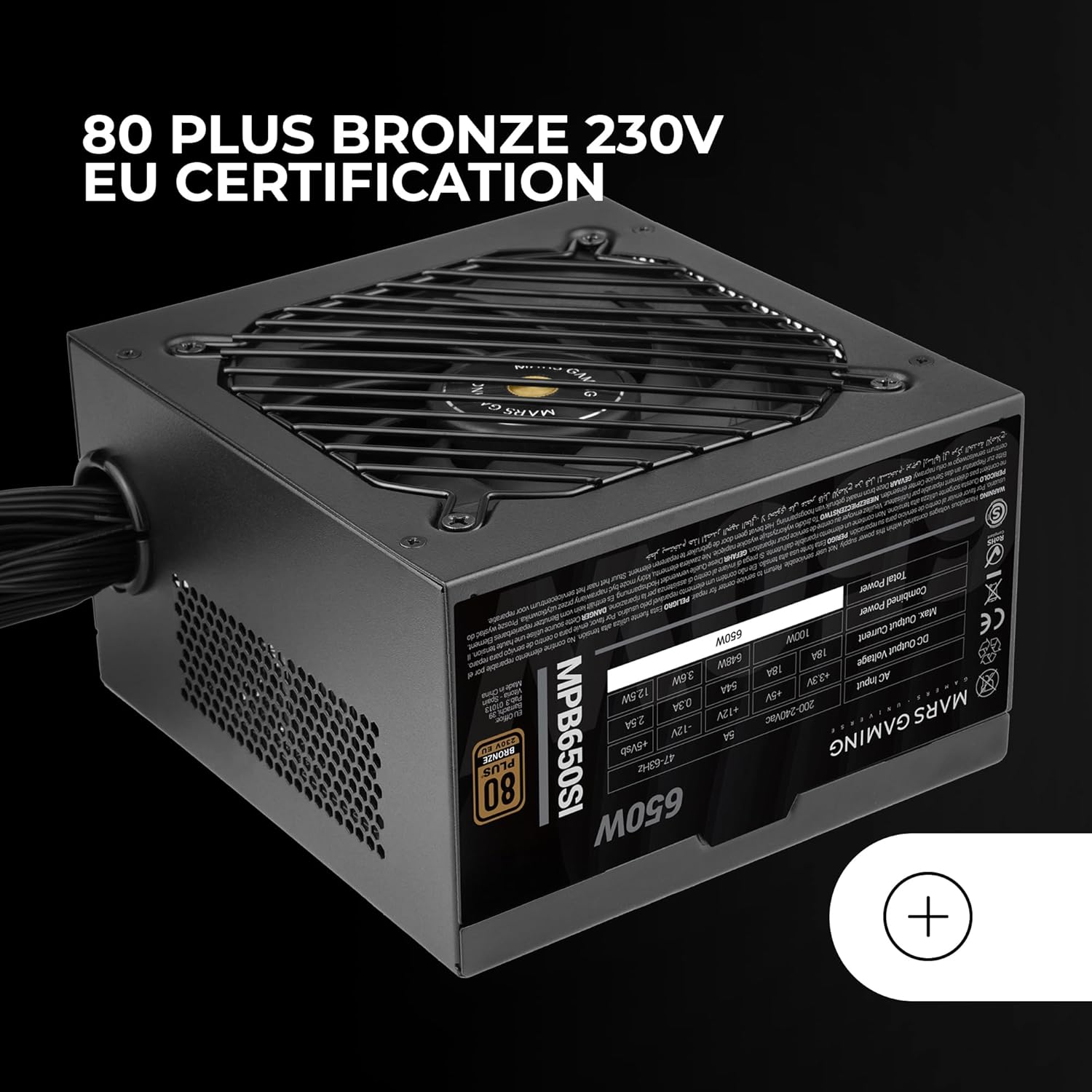 Mars Gaming MPB650SI power supply with 80 Plus Bronze 230V EU certification logo