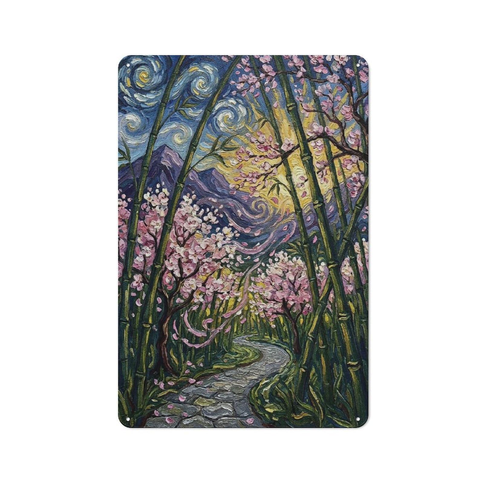Junmoney Style-5 Bamboo Forest With Cherry Blossoms Rustic Tin Sign 30X20cm For Garden Room Or Summerhouse, For An Autumn Wall Display In Garden Room And Summerhouse