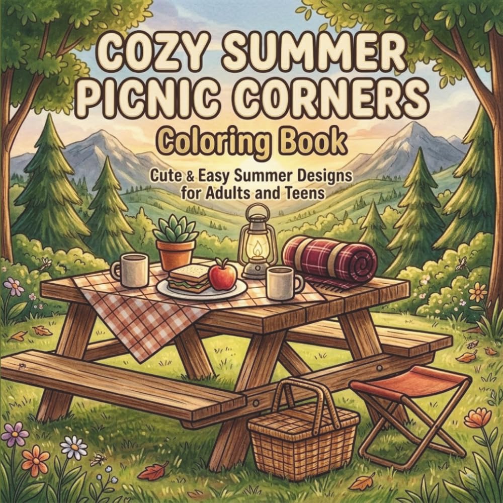 Cozy Summer Picnic Corners Coloring Book: Cute & Easy Summer Designs for Adults and Teens