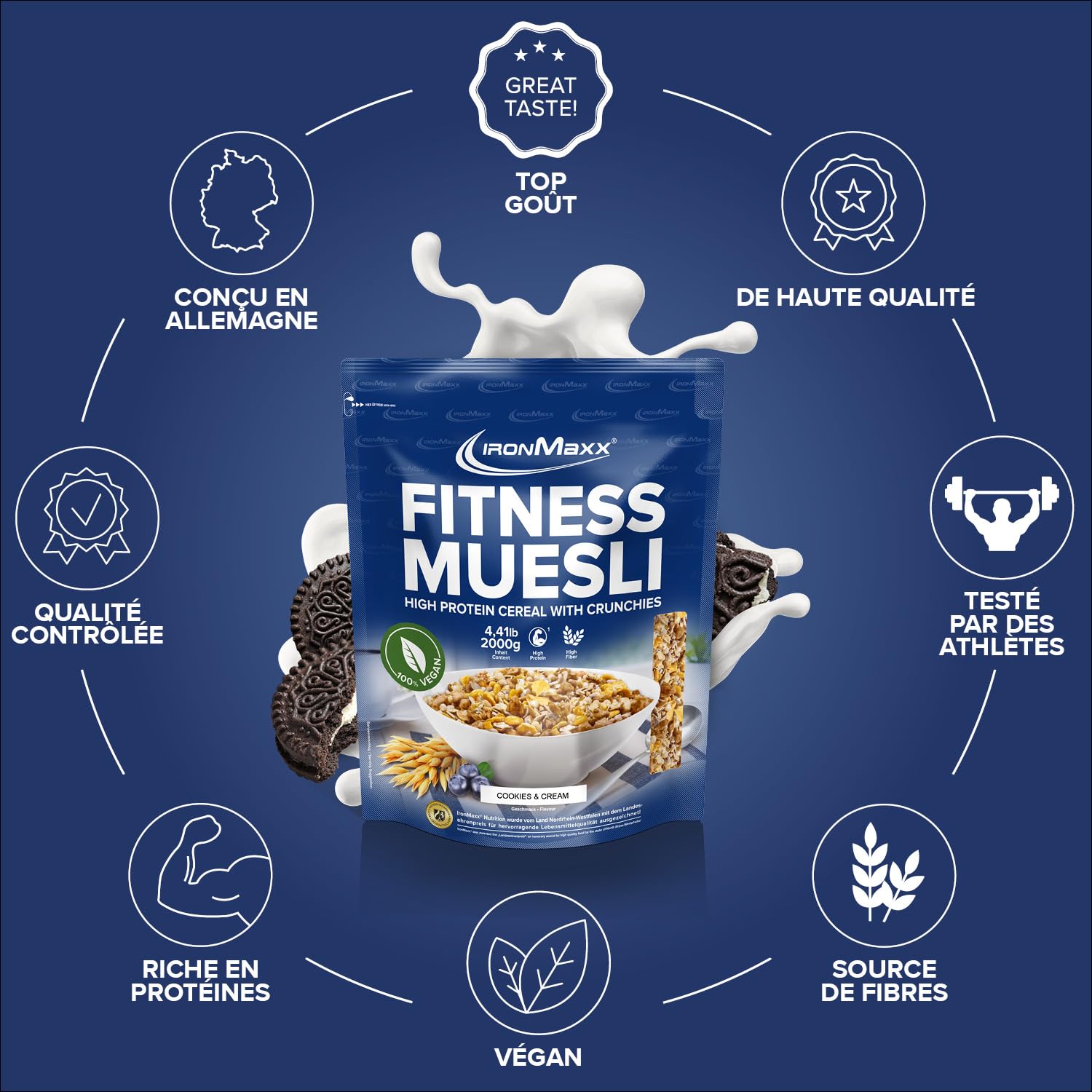 IronMaxx Muesli Fitness Cookies & crème 2 kg – muesli sans sucre ajouté, flocons d’avoine, céréales croustillantes, petit-déjeuner adapté au fitness et aux modes de vie actifs