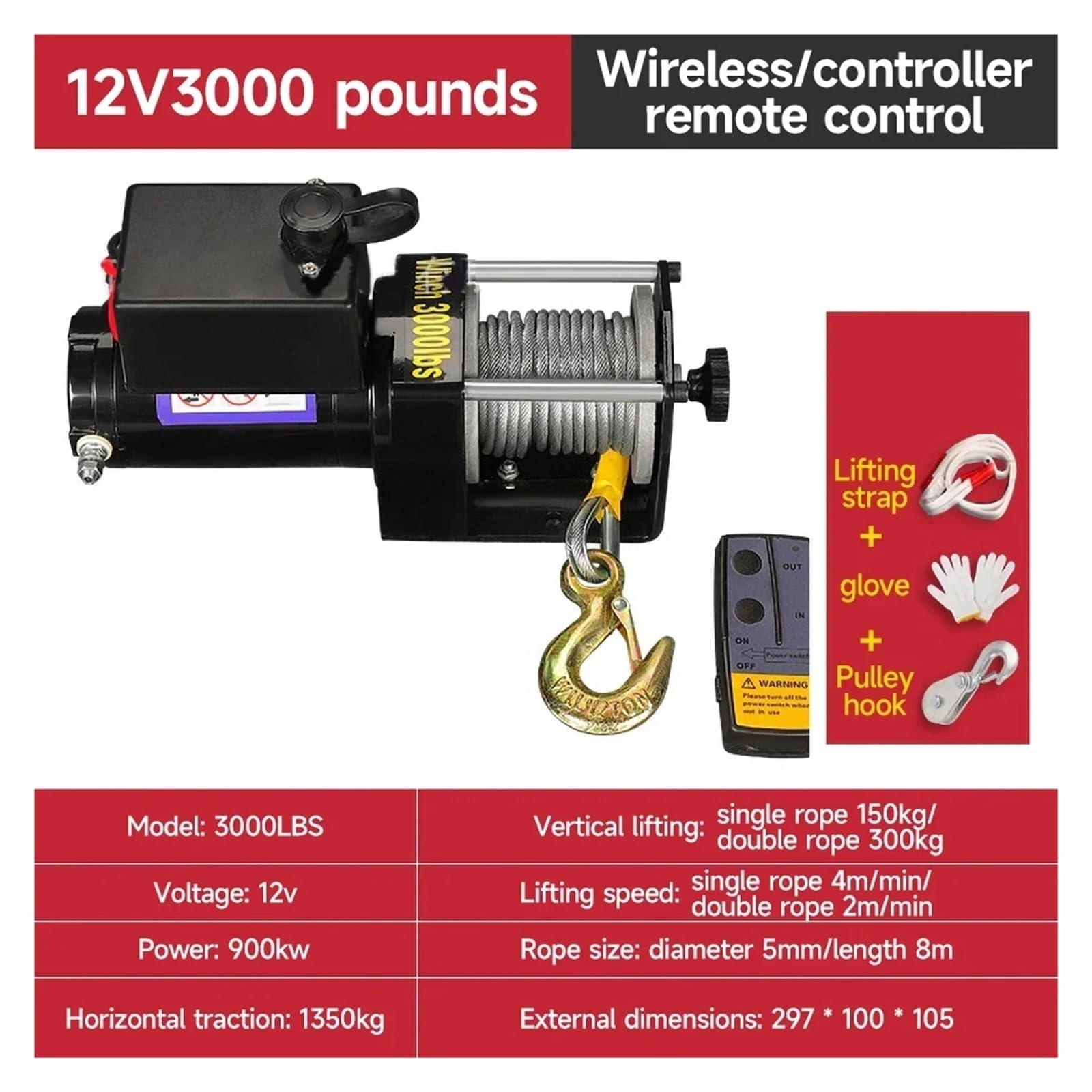 Kit de cabrestante de recuperación eléctrica de 3000 libras, remolque ATV, camión, coche DC 12V, cabrestante con Control remoto, bloque de barro, herramientas de transporte de playa Rendimiento alto(3