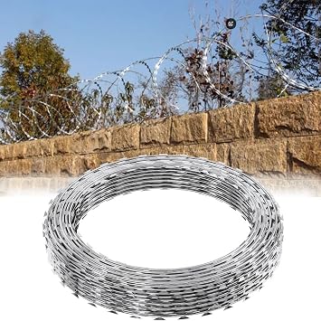 Etlegor Galvanized Razor Wire Fence, Double Spiral Razor Barbed Wire for Critter Deterrent Stretched Ribbon Barbed Wire Coils for Crafts Fences, Fence Wire20m/65.6ft
