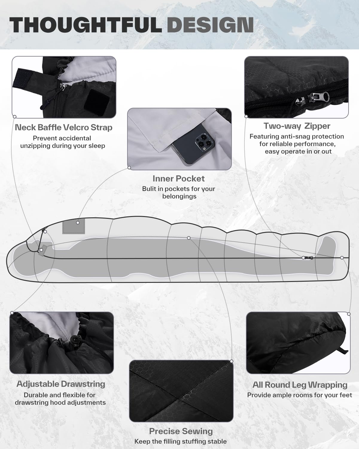 Sportneer Sac de Couchage, Couchage Sarcophage Adulte Léger et Compact, Sac de Couchage Camping Randonnée avec Capuche, Cordon de Serrage