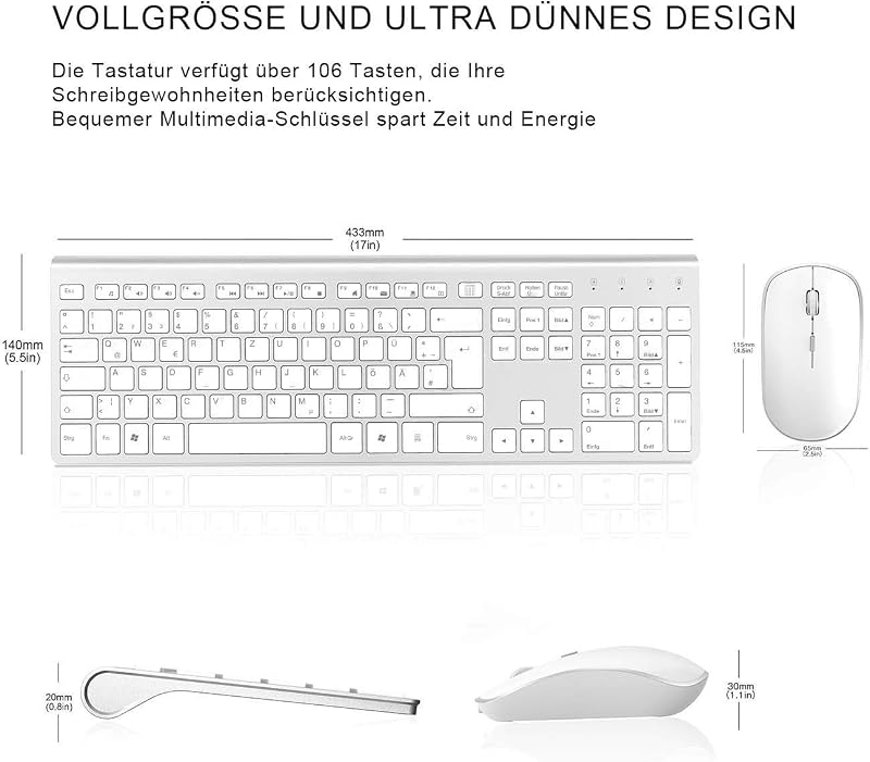 JOYACCESS Vezeték Nélküli Billentyűzet Egér Szett, 500 mAh Újratölthető Akkumulátor, 2.4G Ultravékony Numerikus Billentyűzet PC Laptop