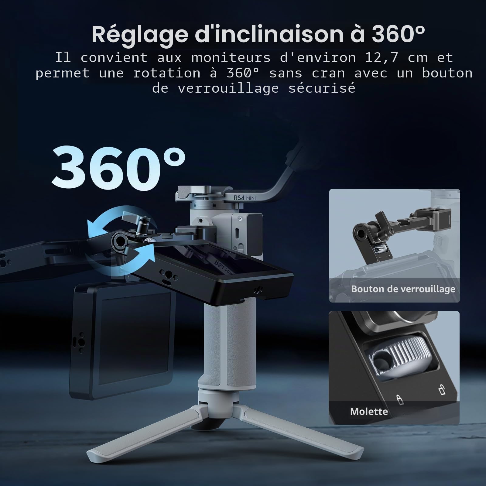 SMALLRIG Support de moniteur de caméra réglable avec fixation rapide OTAN pour DJI RS 2 / RSC 2 / RS 3 / RS 3 Pro/RS 3 Mini/RS 4 Mini - 5337