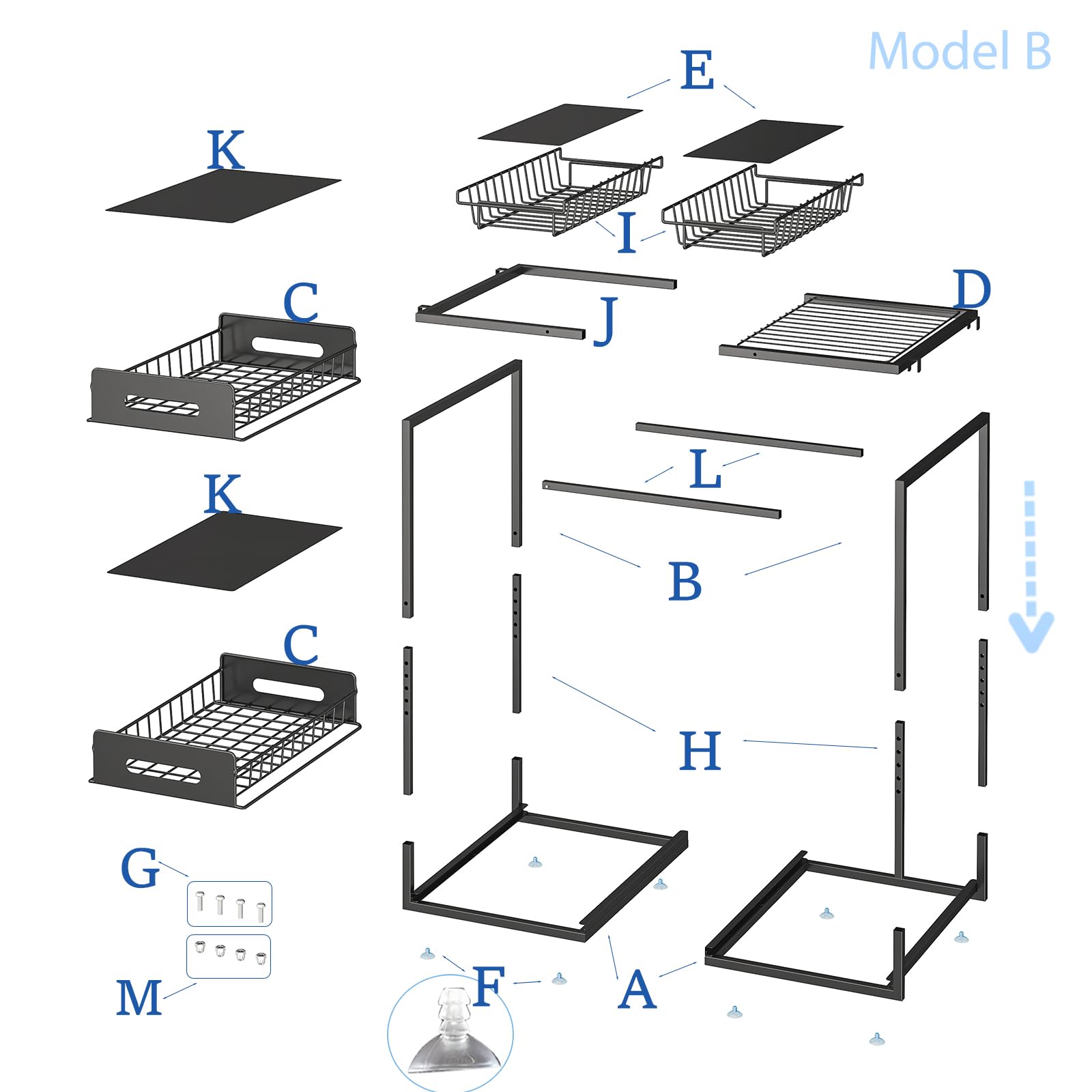 YunNasi Rangement Sous Evier, Extensible Organisateur à 2 Niveaux en Métal, Hauteur Réglable Coulissant Tiroir Étagères pour Placard Meuble Cuisine Salle Bain(Noir, B-Style)