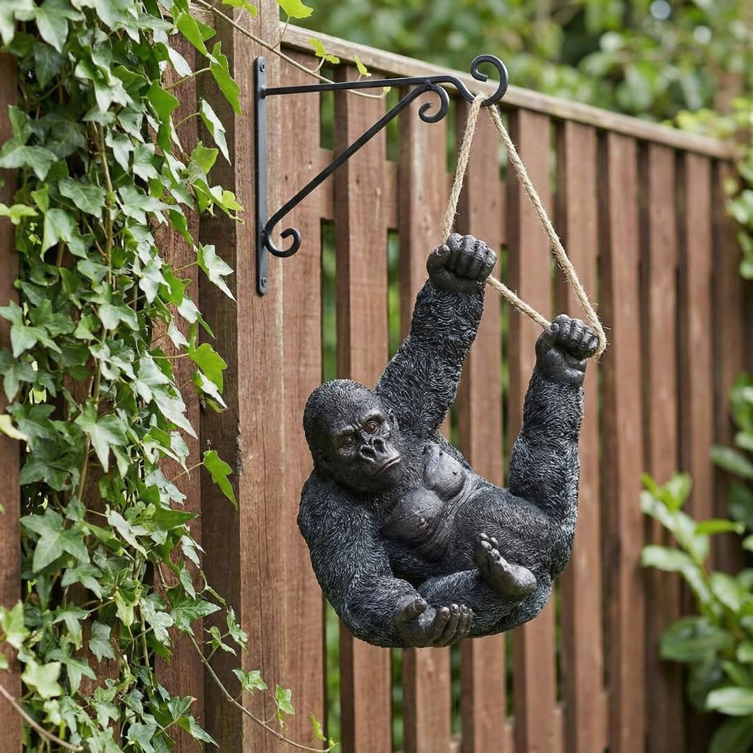 The Enchanted Garden Gorilla-Gartenstatue zum Aufhängen, Kunstharz, groß, für den Außenbereich, Schwarz