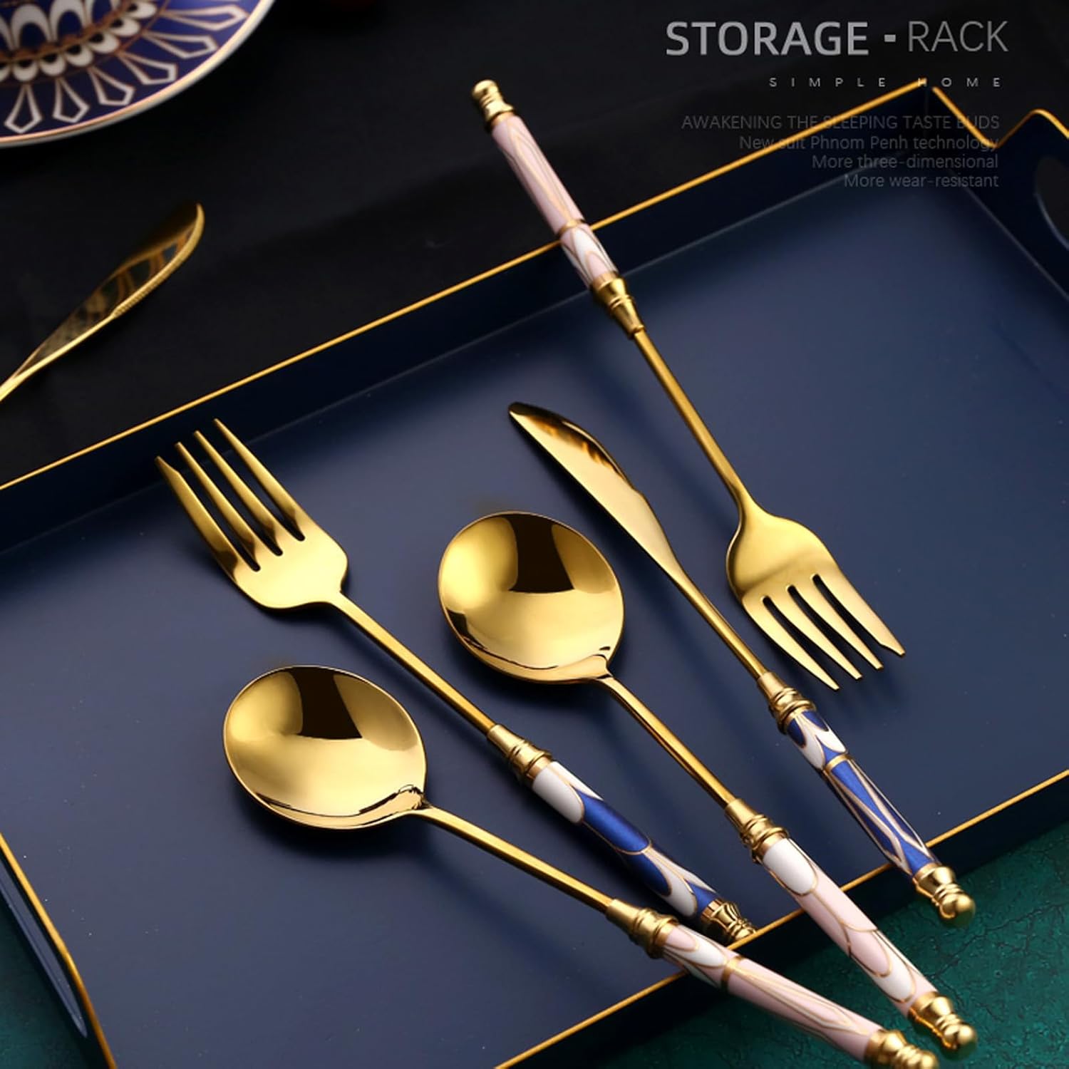 32 Pieces Utensil Set,18/8 stainless steel set for 8,Flatware set Blue and White Palace, Fine Silverware set and Dishwasher Safe, tableware set for wedding banquet home hotel party use
